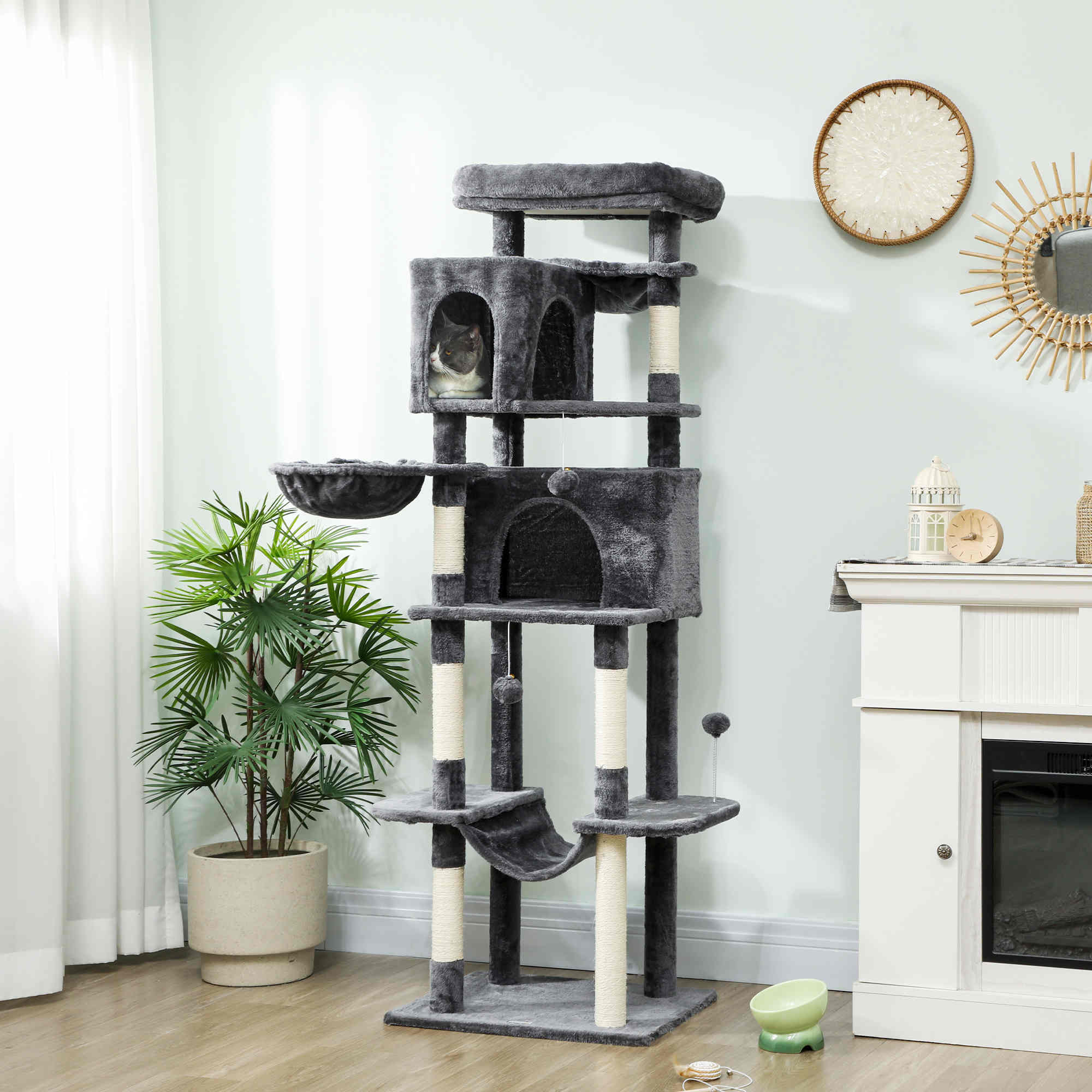 Cat Tree, 69" Cat Tower for Indoor Kittens, Multi-Level Tower with 2 Condos, Scratching Posts, 2 Hammocks, Perches, Pompoms for Multiple Kitties, Dark Grey
