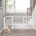 Load image into Gallery viewer, PawHut Adjustable Wooden Pet Gate, Freestanding Dog Fence for Doorway, Hall, 3 Panels w/ Safety Barrier, Lockable Door, White, 44.5"-65.25" L x 14.25" H

