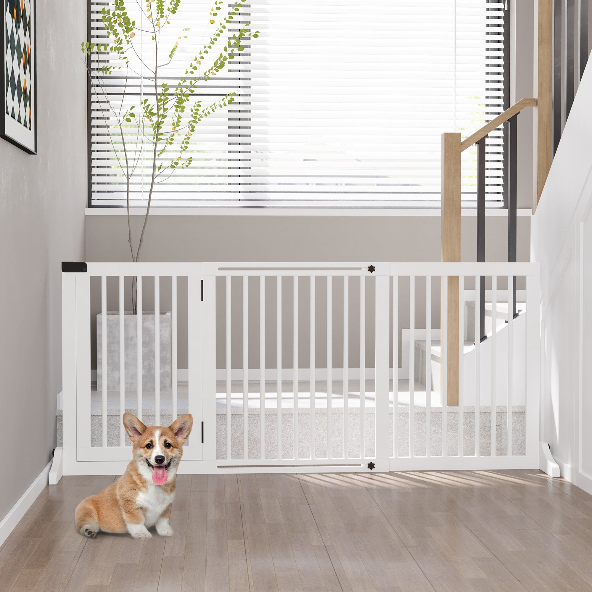 PawHut Adjustable Wooden Pet Gate, Freestanding Dog Fence for Doorway, Hall, 3 Panels w/ Safety Barrier, Lockable Door, White, 44.5"-65.25" L x 14.25" H