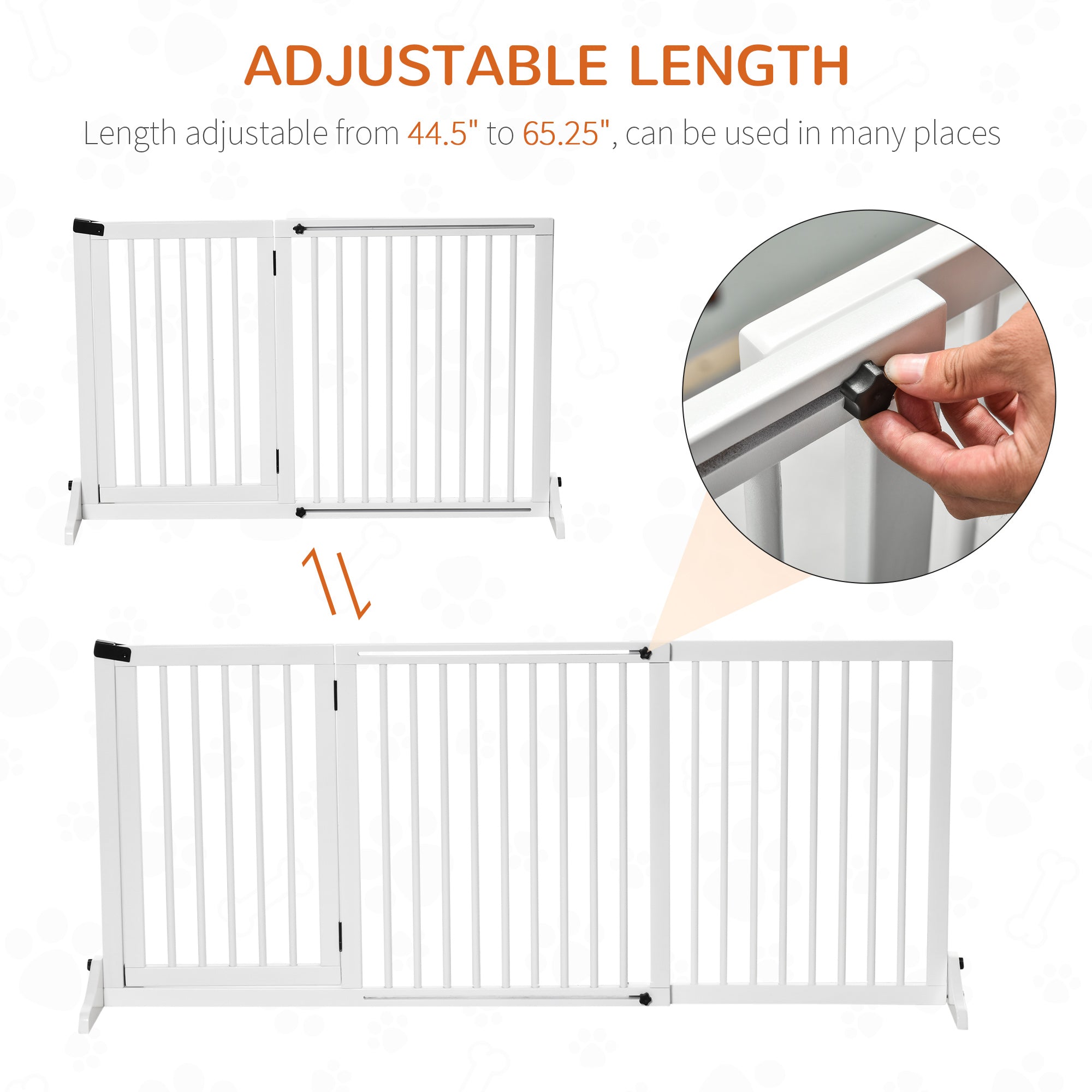 PawHut Adjustable Wooden Pet Gate, Freestanding Dog Fence for Doorway, Hall, 3 Panels w/ Safety Barrier, Lockable Door, White, 44.5"-65.25" L x 14.25" H