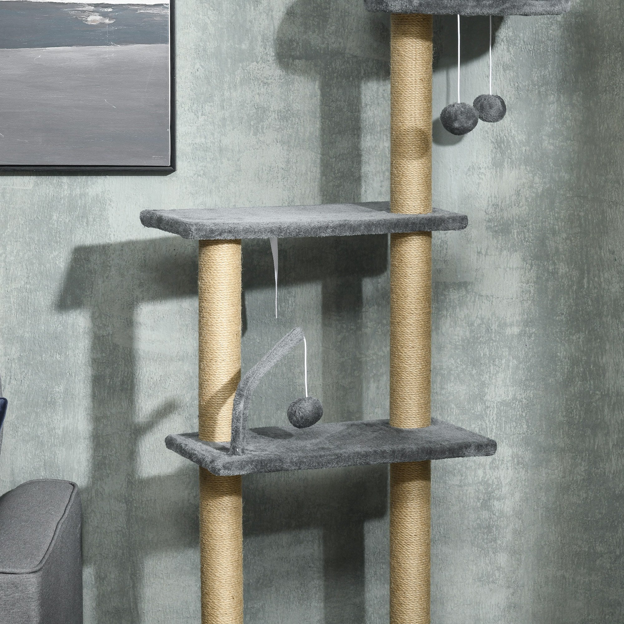  Floor to Ceiling Cat Tree, 90.5" - 98.5" Adjustable Height Cat Tower with Scratching Post, Dangling Balls, Platforms, Bed, Hammock, Grey