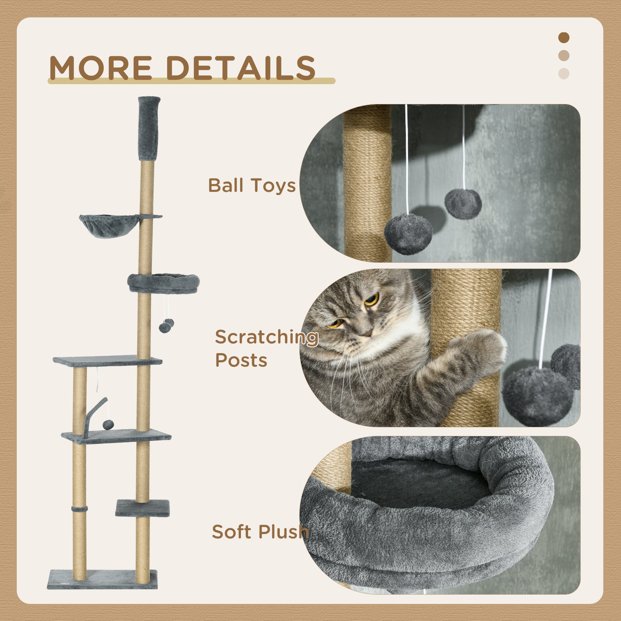  Floor to Ceiling Cat Tree, 90.5" - 98.5" Adjustable Height Cat Tower with Scratching Post, Dangling Balls, Platforms, Bed, Hammock, Grey