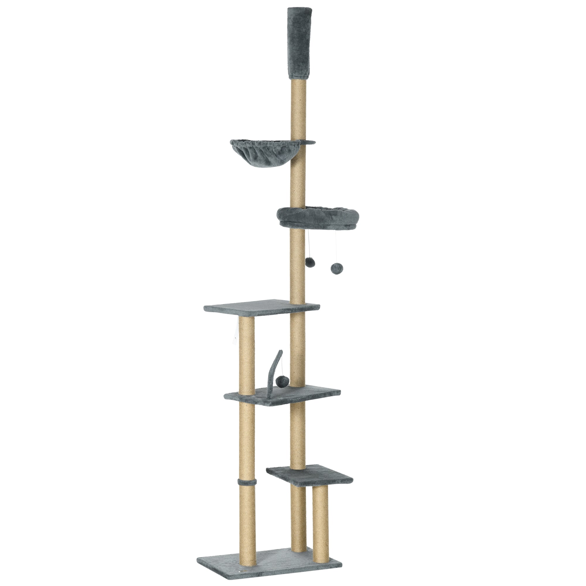  Floor to Ceiling Cat Tree, 90.5" - 98.5" Adjustable Height Cat Tower with Scratching Post, Dangling Balls, Platforms, Bed, Hammock, Grey