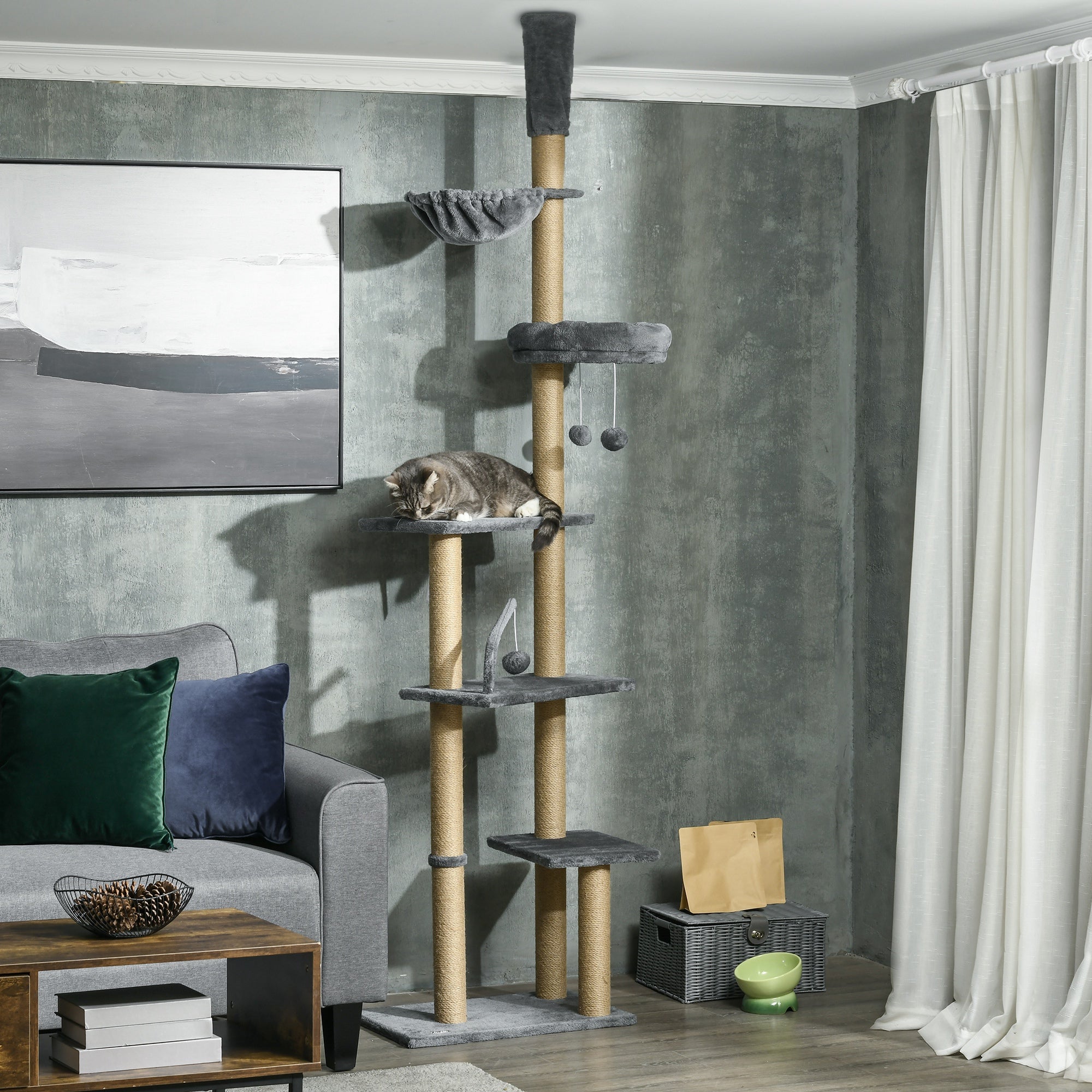  Floor to Ceiling Cat Tree, 90.5" - 98.5" Adjustable Height Cat Tower with Scratching Post, Dangling Balls, Platforms, Bed, Hammock, Grey