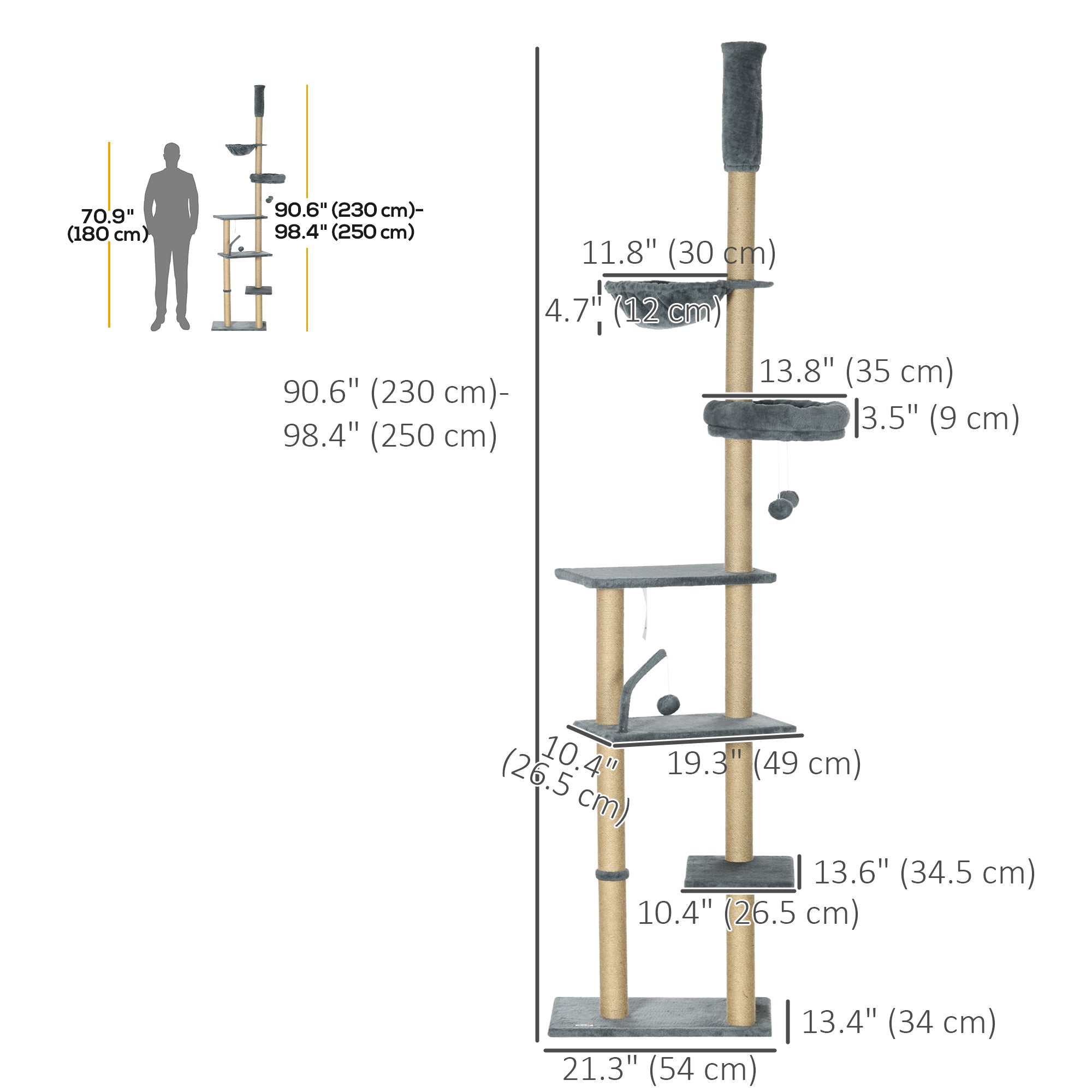  Floor to Ceiling Cat Tree, 90.5" - 98.5" Adjustable Height Cat Tower with Scratching Post, Dangling Balls, Platforms, Bed, Hammock, Grey
