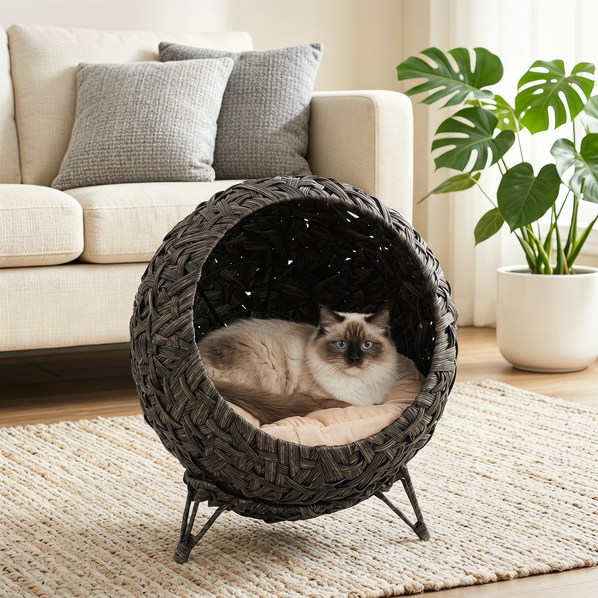 Rattan Cat Bed, Elevated Handwoven Cat Basket Bed with Soft Cushion and Metal Base, Indoor Kitty Furniture, Breathable, for Kittens, Gray