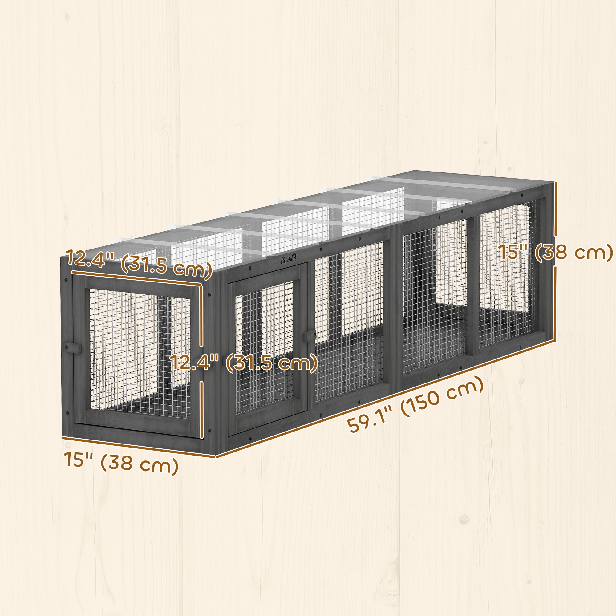 Outdoor Cat Tunnel, 60" Wooden Play Cat Enclosure, Extendable Pet Run with 3 Doors, for Indoor and Outdoor Use, for Kitty, Puppy, Grey