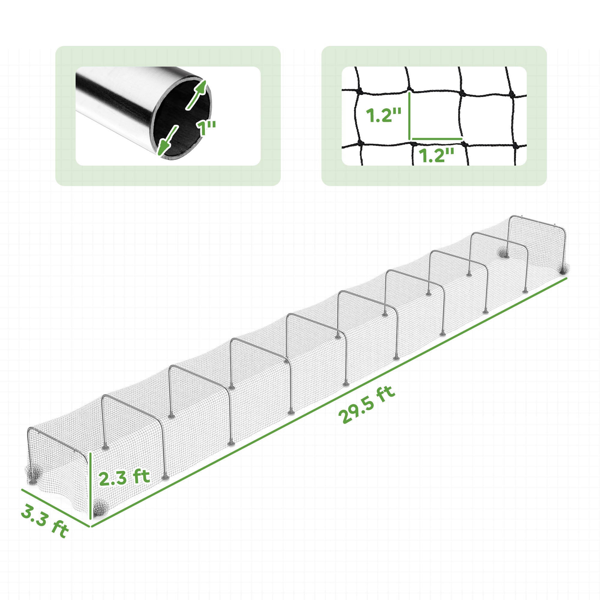Extra Long Chicken Run, 354" x 39" Galvanized Steel Chicken Tunnel with Nylon Netting, 10 Arches, Flat Roof Poultry Enclosure for 10-15 Chickens or Ducks, Backyard Farm Yard, Silver