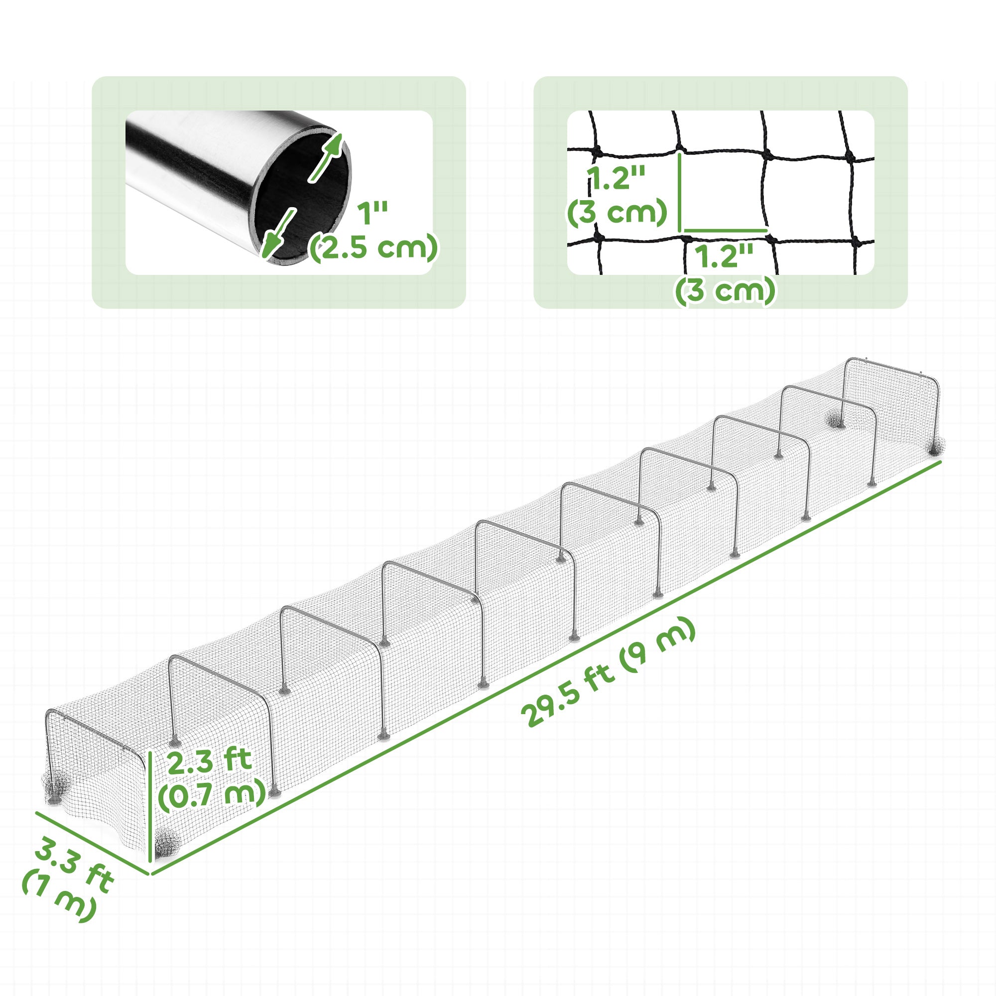 Extra Long Chicken Tunnel for Outside, 354" x 39" Galvanized Steel Chicken Run with Nylon Netting, 10 Arches for 10-15 Chickens or Ducks, Backyard Farm Yard, Silver