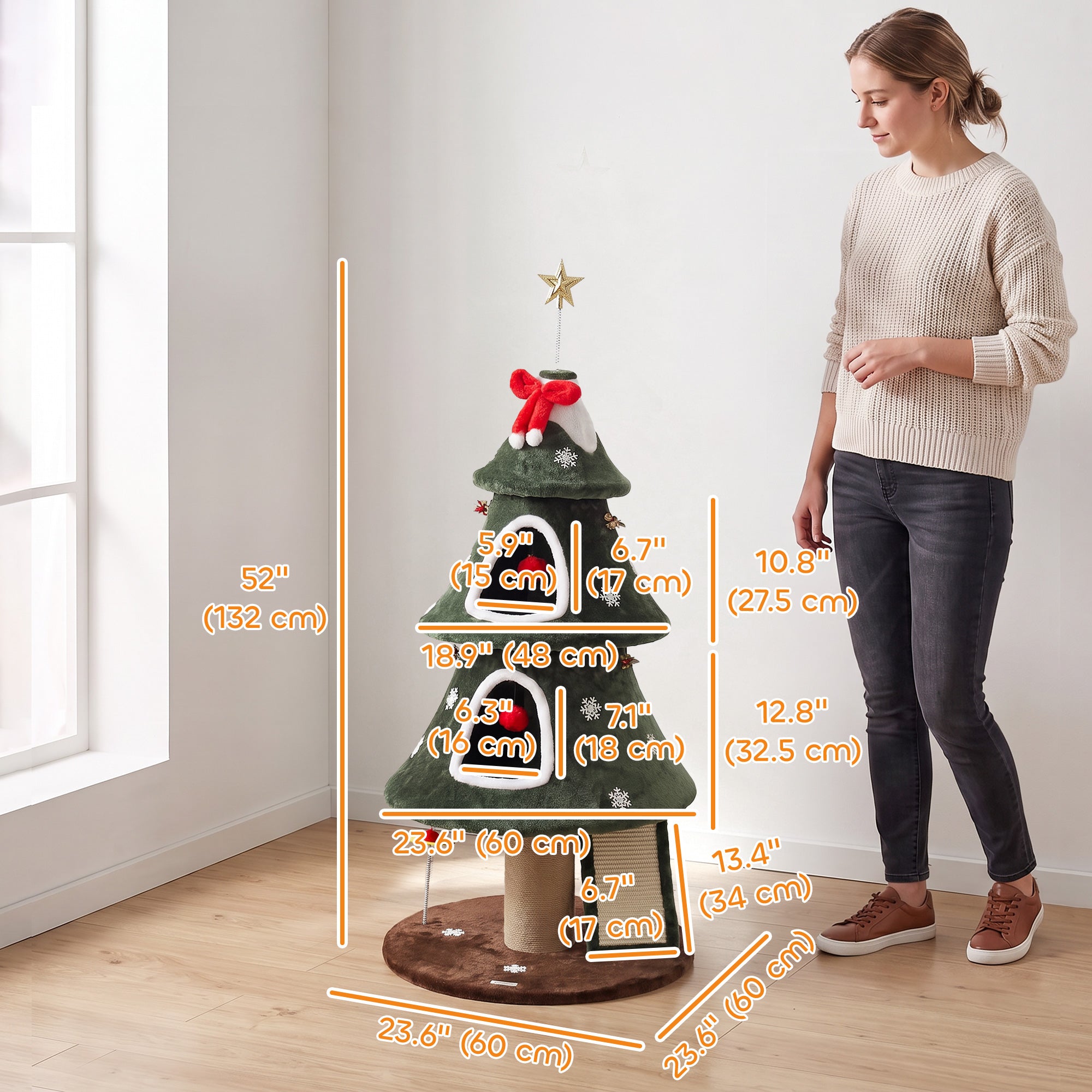 52" Christmas Cat Tree, 2-Tier Cat Tower with Dual Condos, Scratching Posts, Sisal Ladder, Anti-Tip Rope, Hanging Balls, Kitten Furniture for Indoor Cats, Green