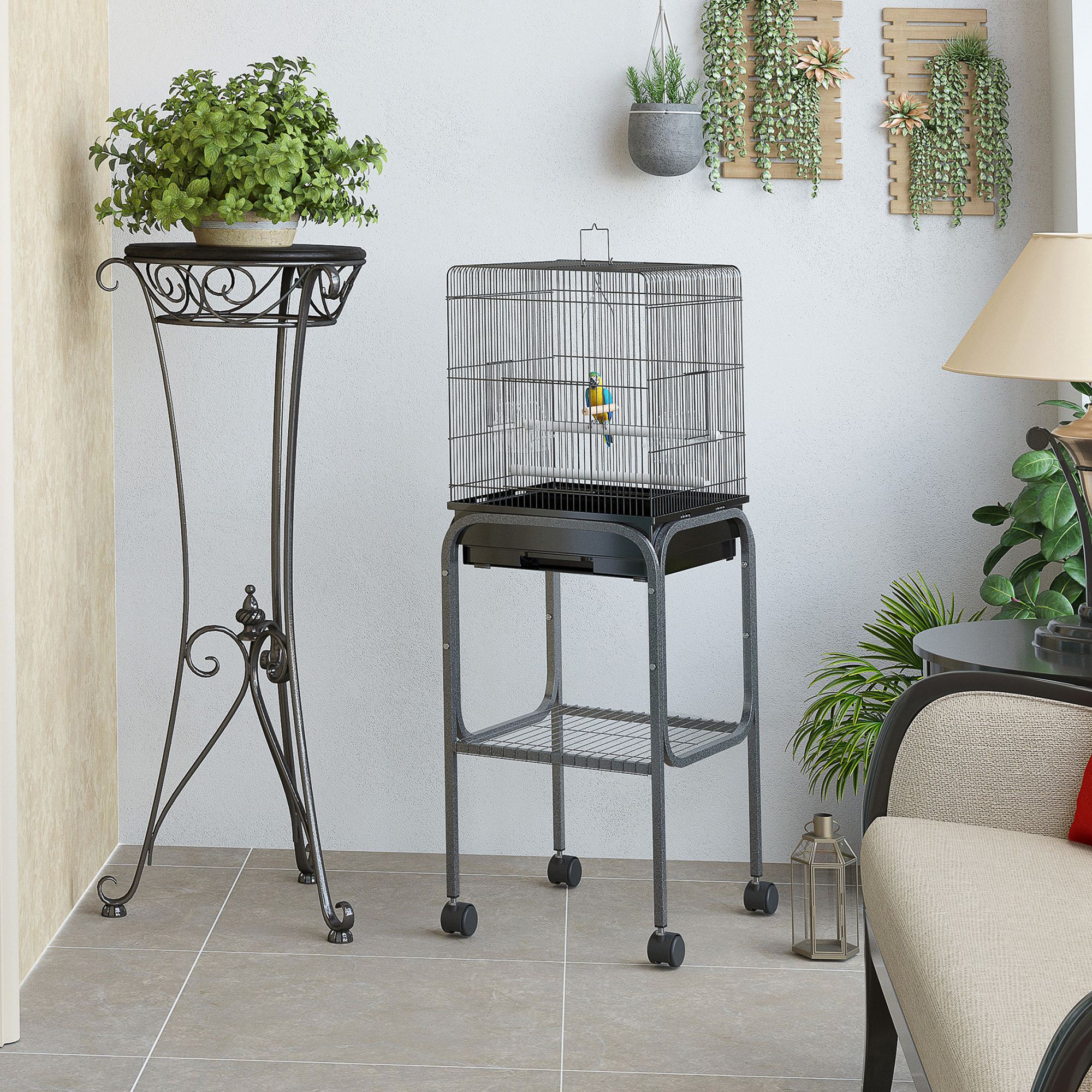 45-inch Metal Indoor Bird Cage, Parrot Cage, Bird Aviary with Detachable Rolling Stand, Storage Basket, and Accessories - Black