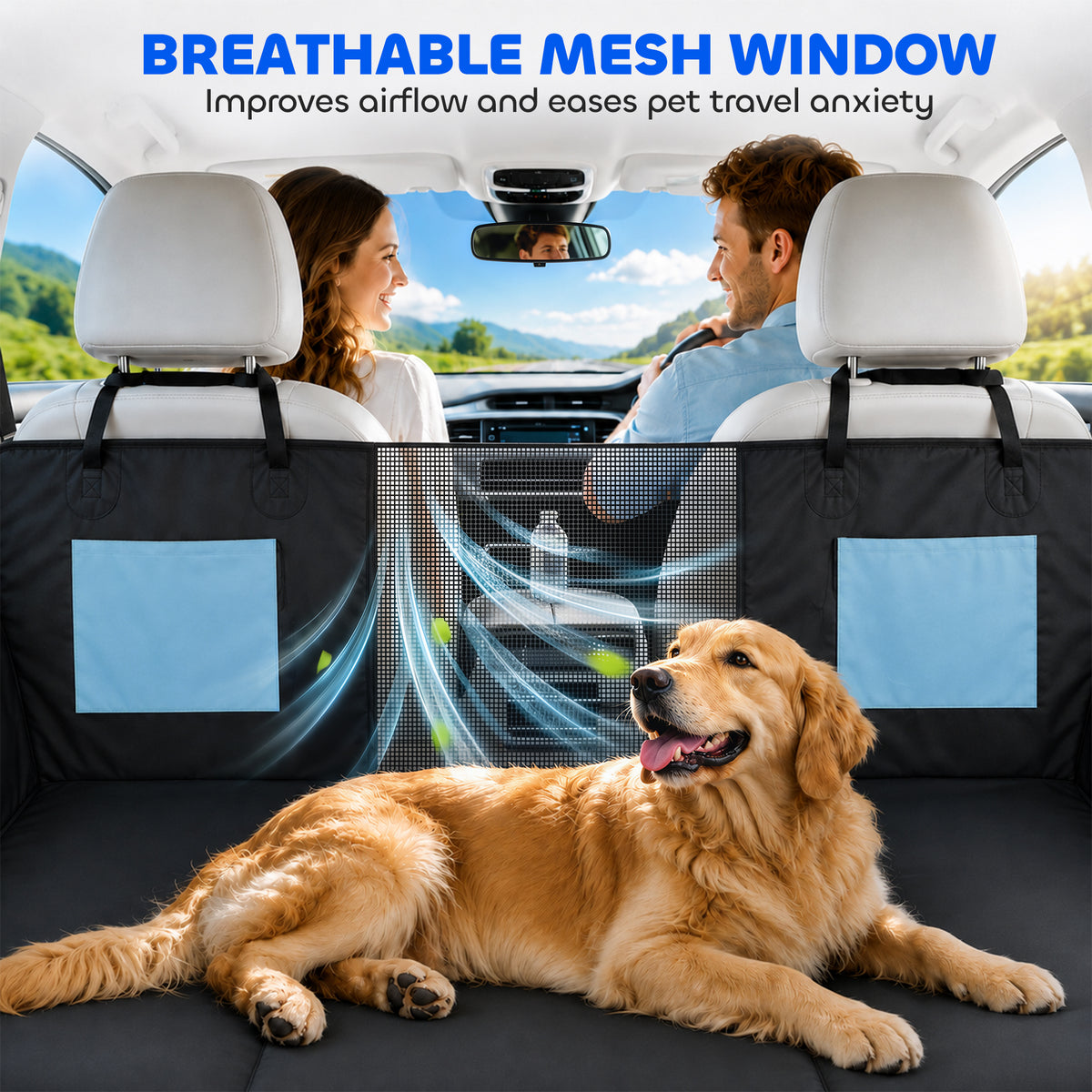 Dog Car Seat Cover, Waterproof Dog Travel Hammock with Non-Slip & Anti-Scratch Surface, Mesh Window and Pockets, Foldable Back Seat Cover for Cars, Trucks and SUVs, Blue