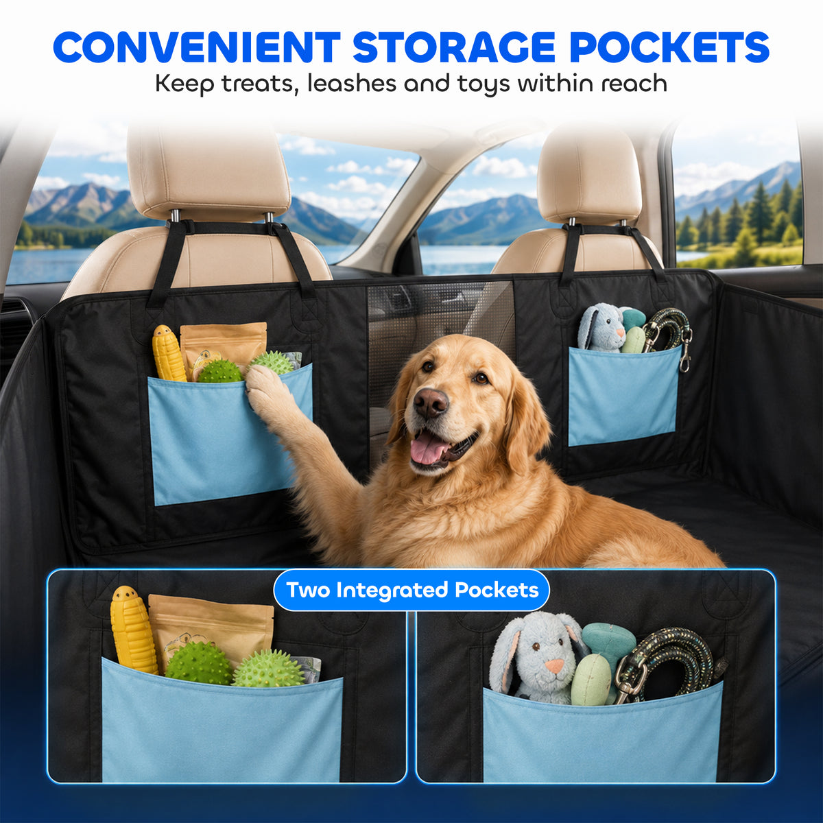 Dog Car Seat Cover, Waterproof Dog Travel Hammock with Non-Slip & Anti-Scratch Surface, Mesh Window and Pockets, Foldable Back Seat Cover for Cars, Trucks and SUVs, Blue