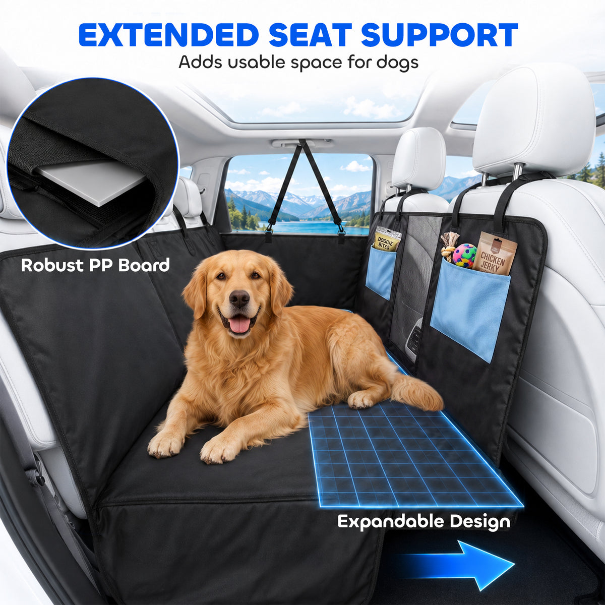 Dog Car Seat Cover, Waterproof Dog Travel Hammock with Non-Slip & Anti-Scratch Surface, Mesh Window and Pockets, Foldable Back Seat Cover for Cars, Trucks and SUVs, Blue