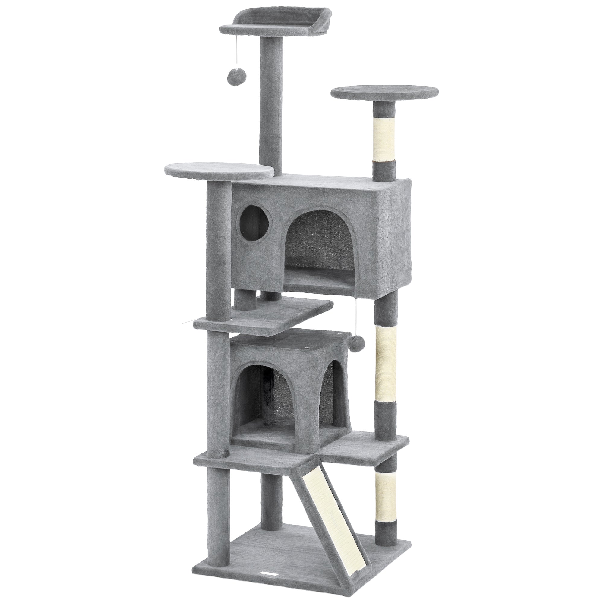 63" Cat Tree, Cat Tower for Indoor Cats with Scratching Posts, Cat Condos, Bed, Platforms, Ramp, Toy Ball, Cat Activity Center, Light Grey