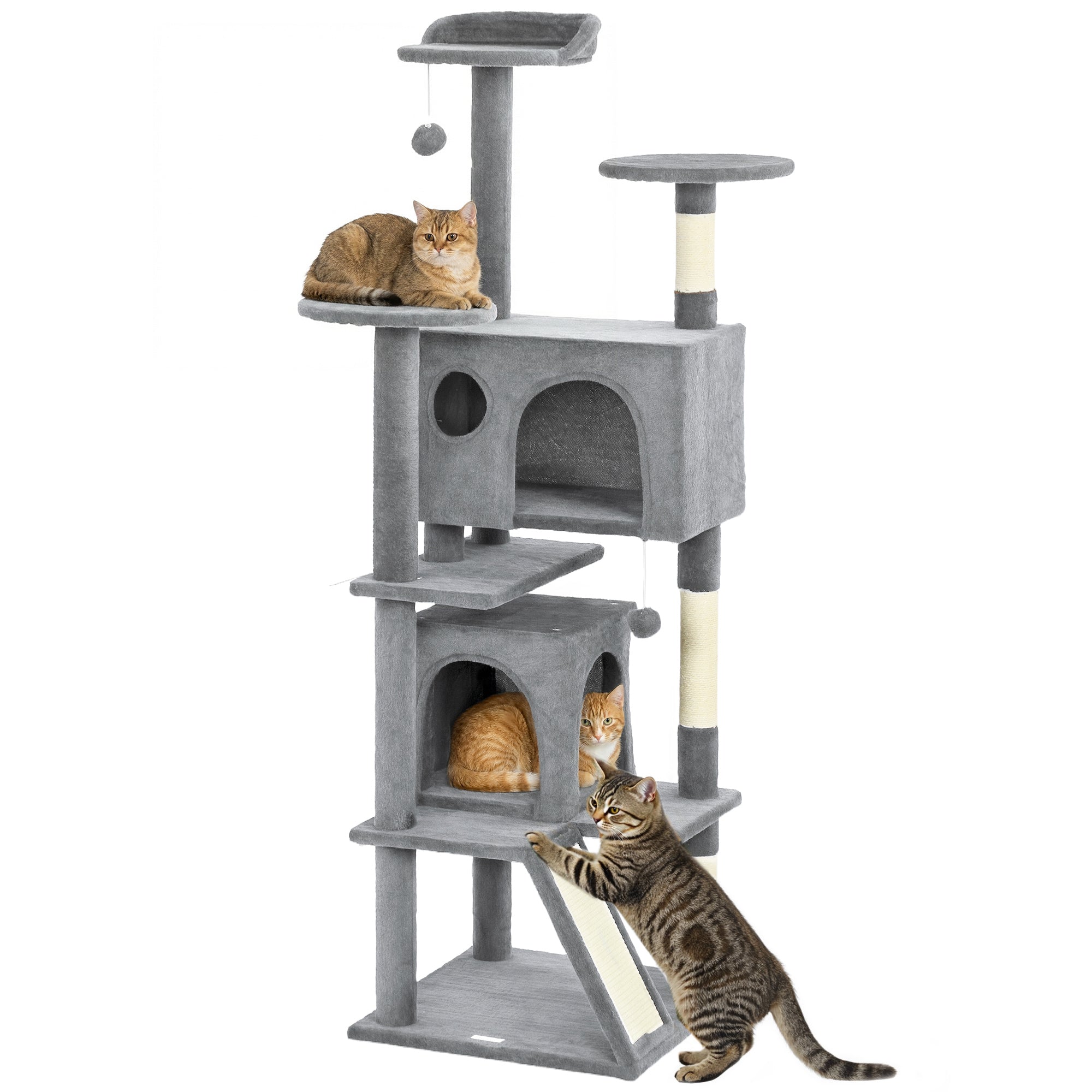63" Cat Tree, Cat Tower for Indoor Cats with Scratching Posts, Cat Condos, Bed, Platforms, Ramp, Toy Ball, Cat Activity Center, Light Grey