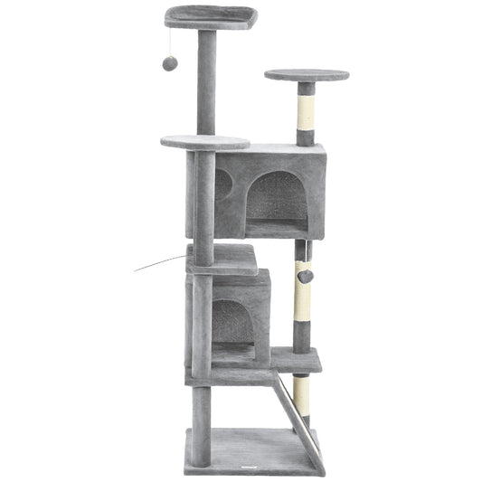 63" Cat Tree, Cat Tower for Indoor Cats with Scratching Posts, Cat Condos, Bed, Platforms, Ramp, Toy Ball, Cat Activity Center, Light Grey