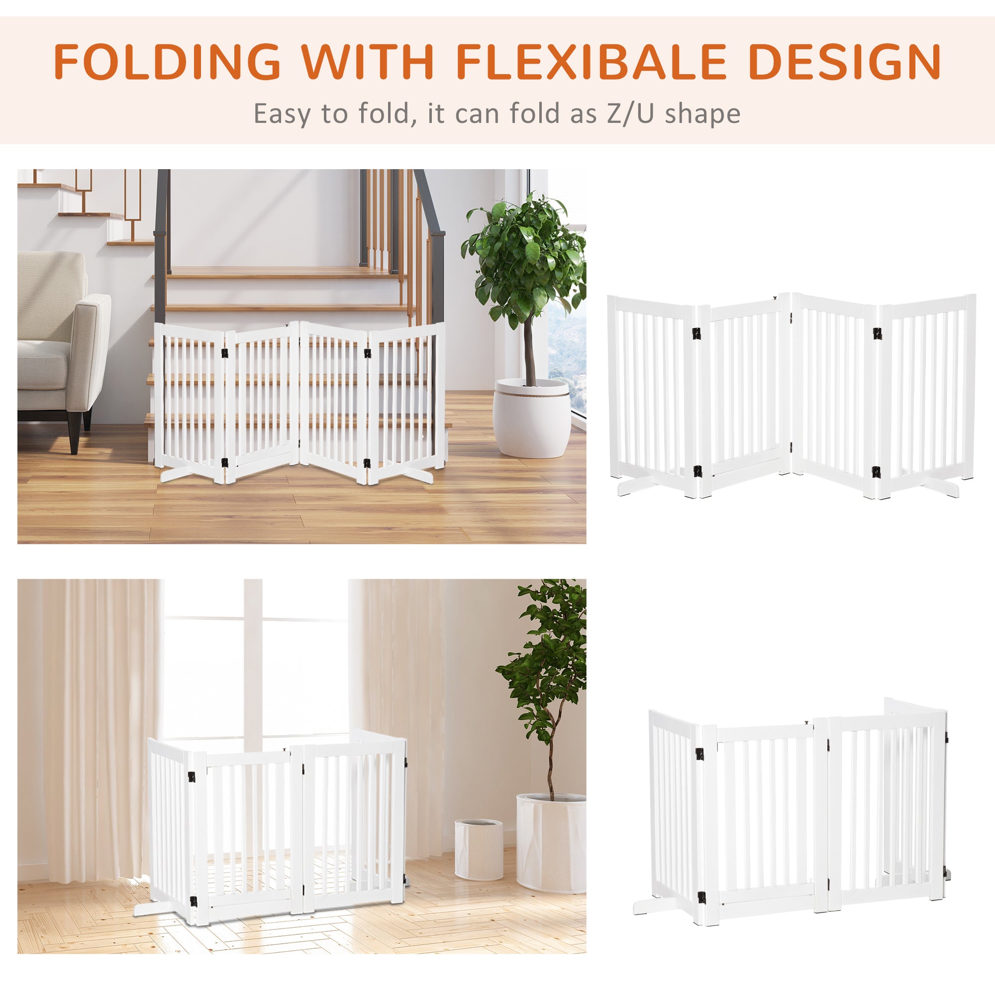 30"H Foldable Dog Gate with Door, 4 Panels Freestanding Pet Gate Barriers Indoor with Support Feet, Puppy Fence for Dogs, White