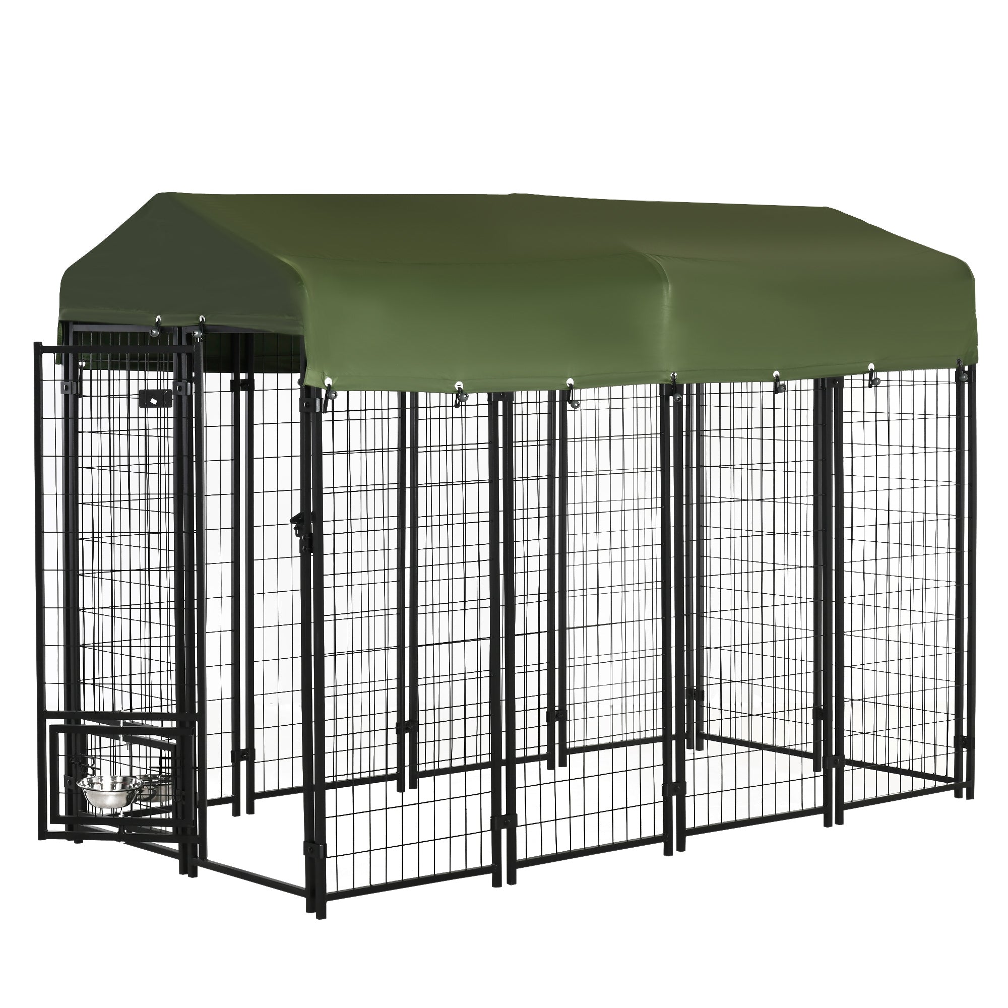 PawHut 8' x 4' x 6' Outdoor Dog Kennel with Rotating Bowl Holders, Walk-in Pet Playpen, Welded Wire Steel with Water and UV-Resistant Canopy, Green