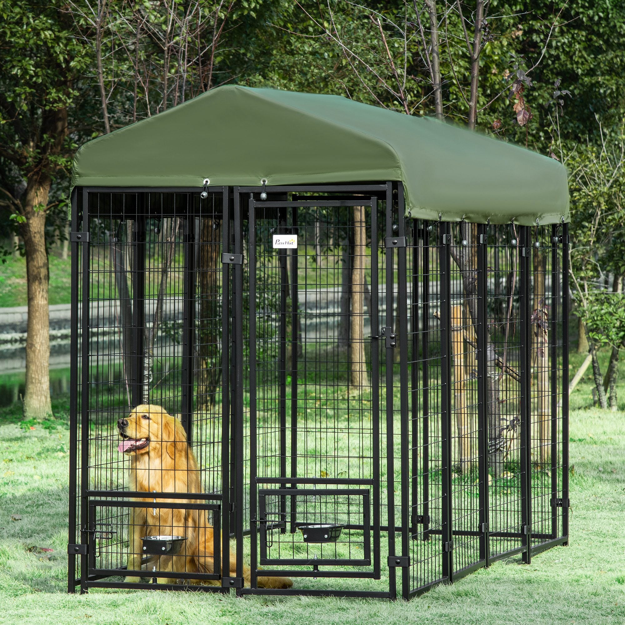 PawHut 8' x 4' x 6' Outdoor Dog Kennel with Rotating Bowl Holders, Walk-in Pet Playpen, Welded Wire Steel with Water and UV-Resistant Canopy, Green