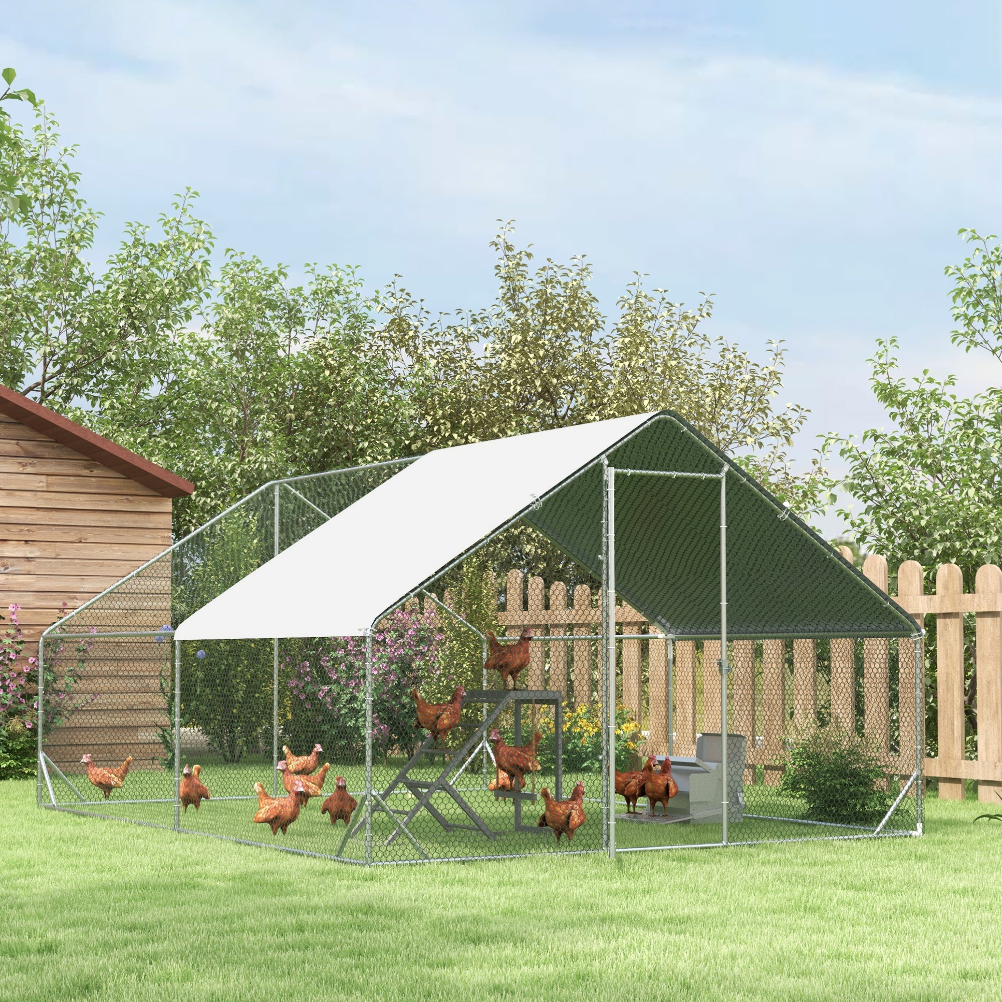 Chicken Run Galvanised Walk-in Chicken Coop Hen Poultry House Cage Rabbit Hutch Pet Playpen Garden w/ Water-Resist Cover, 3 x 4 x 2m