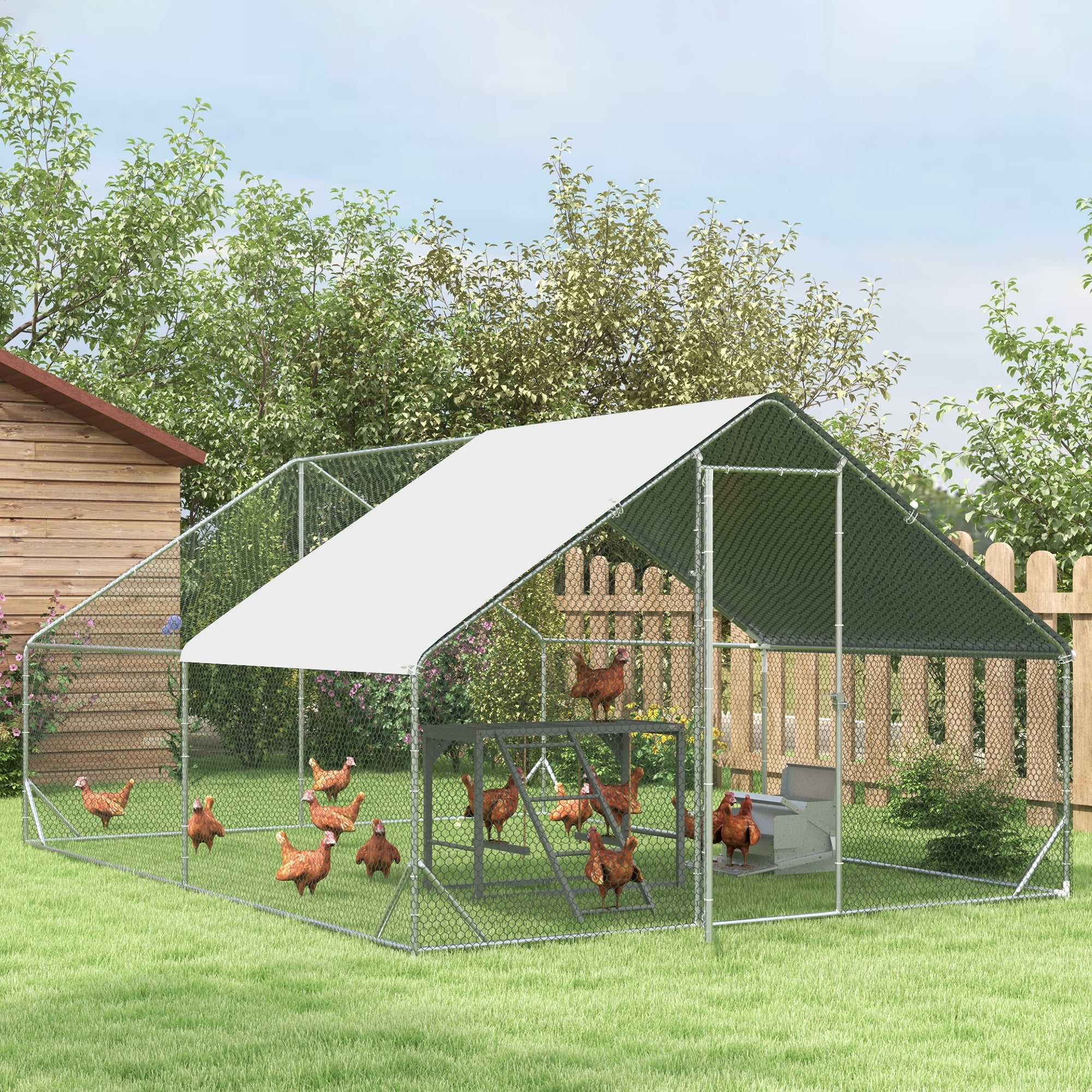 Chicken Run Galvanised Walk-in Chicken Coop Hen Poultry House Cage Rabbit Hutch Pet Playpen Garden w/ Water-Resist Cover, 3 x 4 x 2m