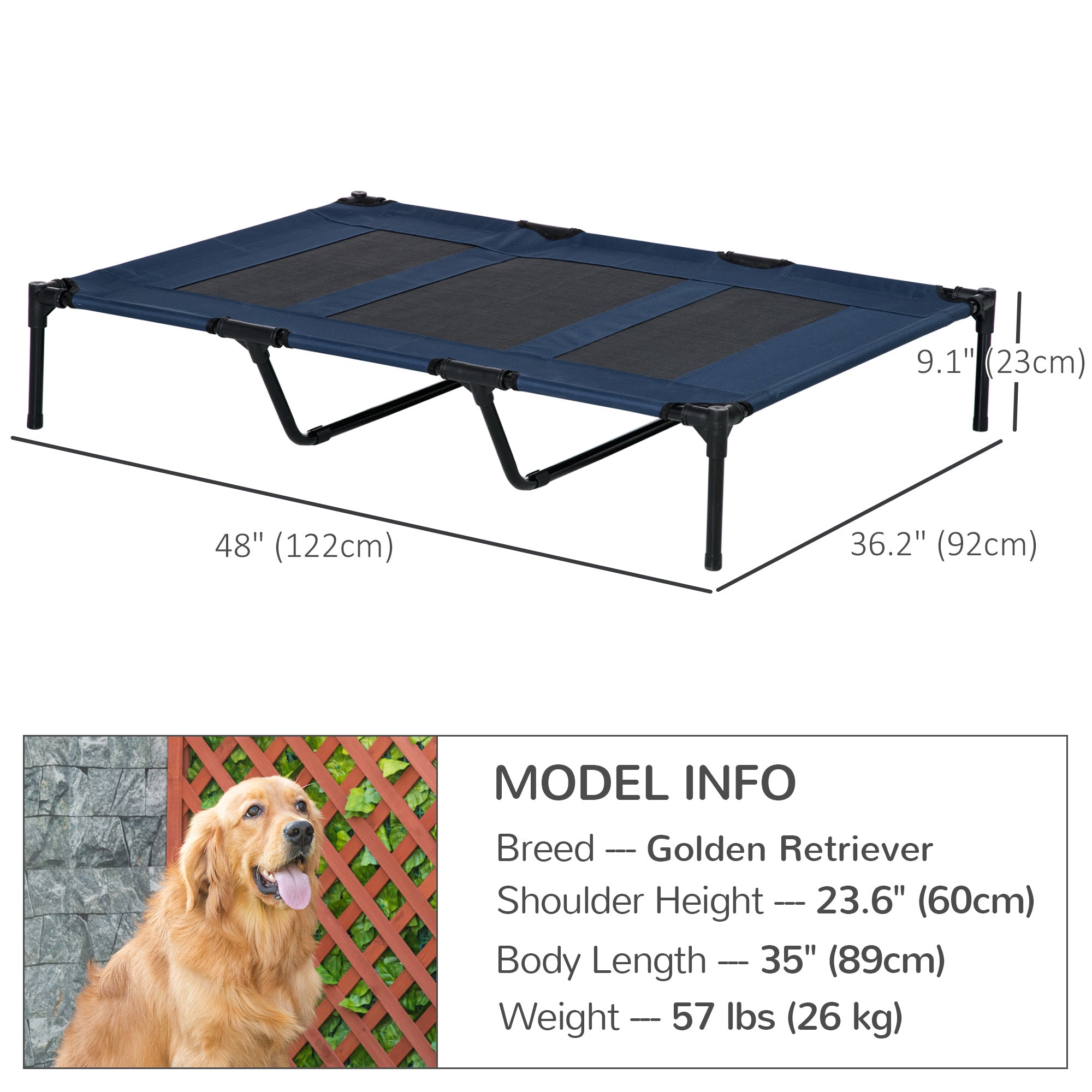 Elevated Dog Bed, Raised Dog Cot for XL Sized Dogs, Indoor & Outdoor, 48" x 36" x 9", Dark Blue