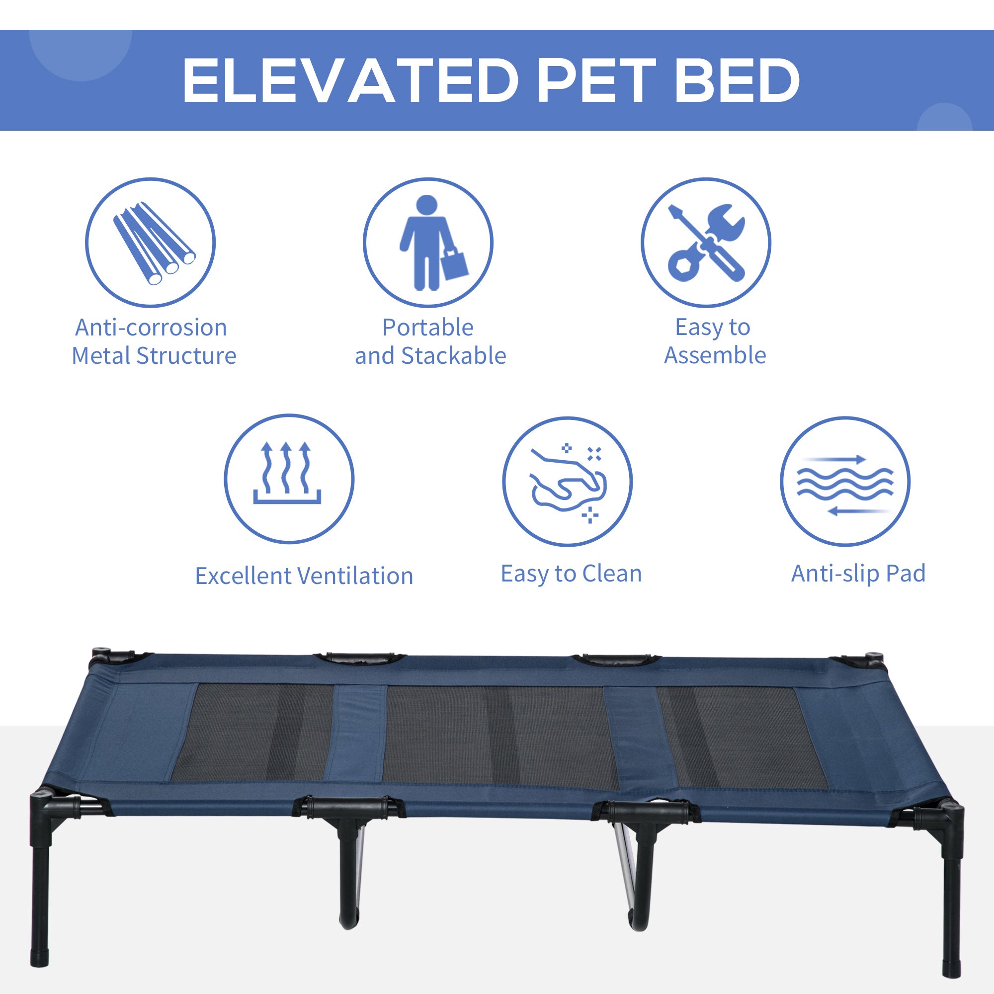 Elevated Dog Bed, Raised Dog Cot for XL Sized Dogs, Indoor & Outdoor, 48" x 36" x 9", Dark Blue