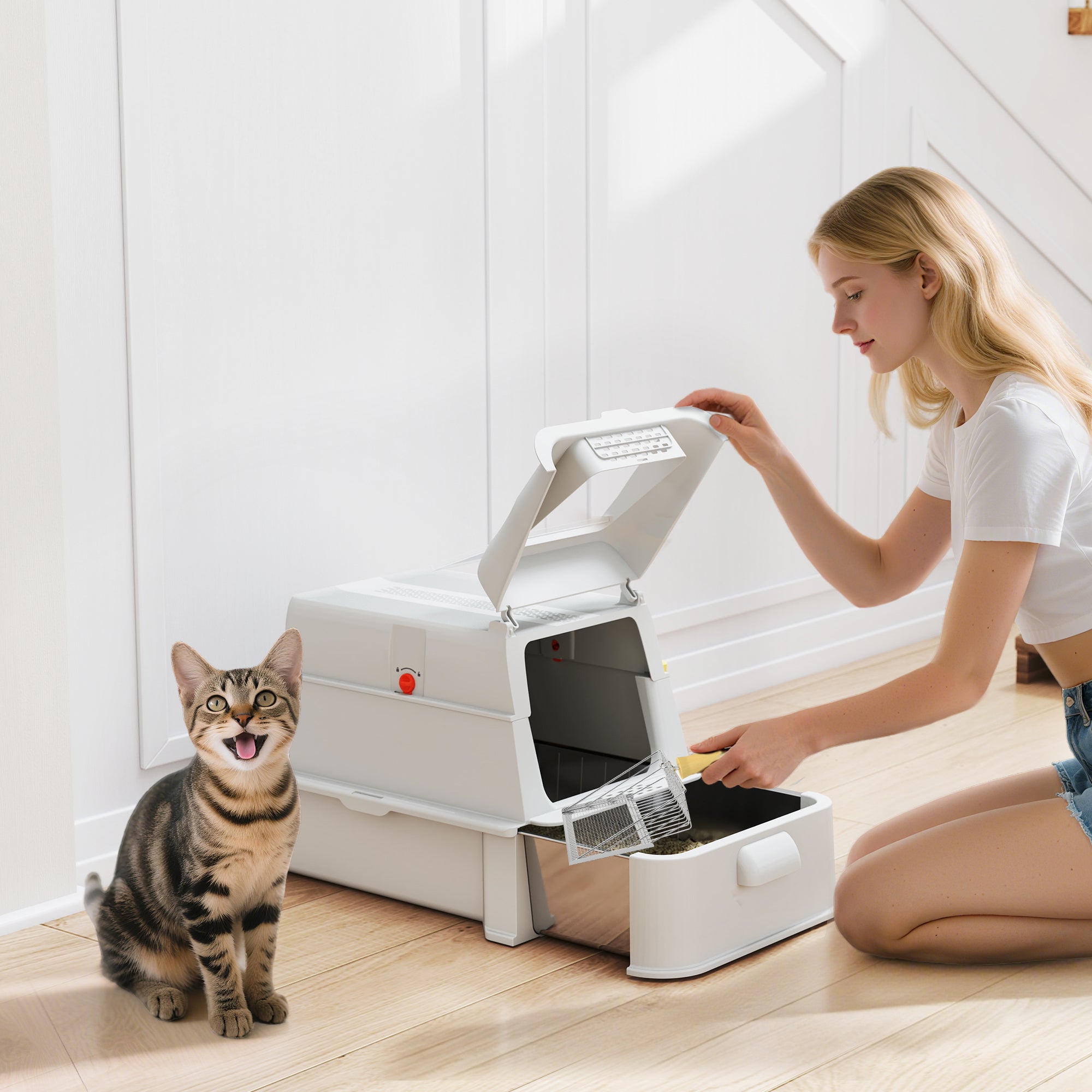 80L Stainless Steel Cat Litter Box with Lid, XL Metal Litter Box for Big Cats with 180° Flip Cover, Pull-Out Drawer Tray, High Sided, Pedal, Metal Scoop, Light Grey
