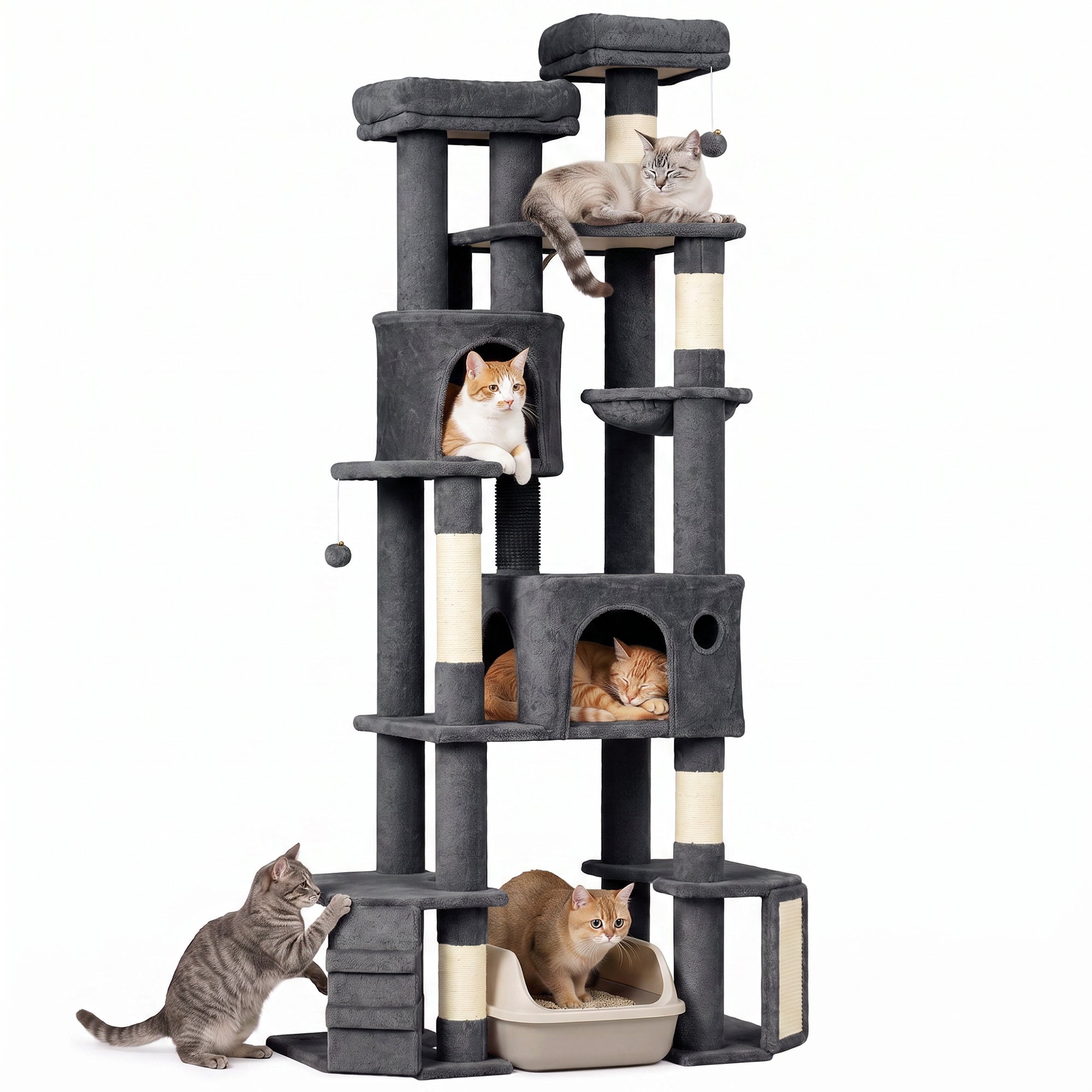 Extra Large Cat Tree Tower with Dual Baseboard, 79-Inch Heavy Duty Cat Tree for Indoor Large Adult Big Kittens with 5 Scratching Posts, 2 Condos, 2 Top Perches, Hammock, Self-Grooming Brush