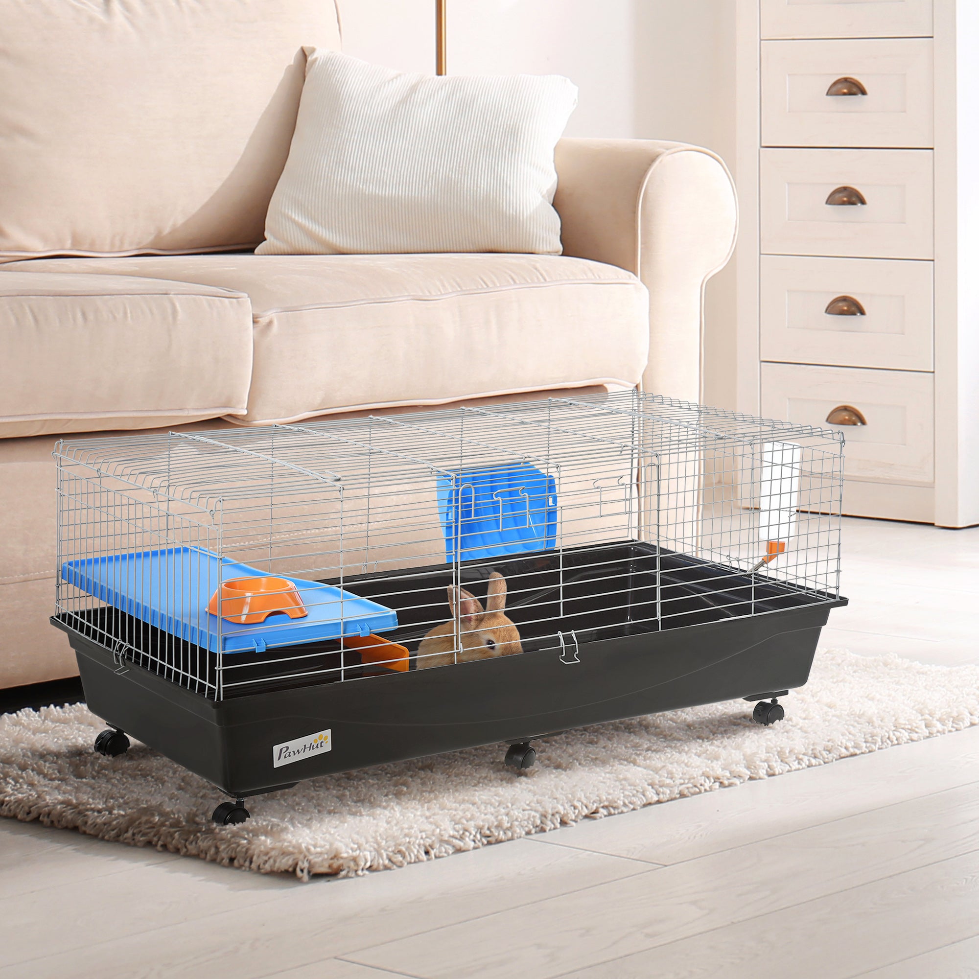 47" Small Animal Cage, Rolling Bunny Cage, Guinea Pig Cage with Food Dish, Water Bottle, Hay Feeder, Platform, Ramp for Chinchilla, Black