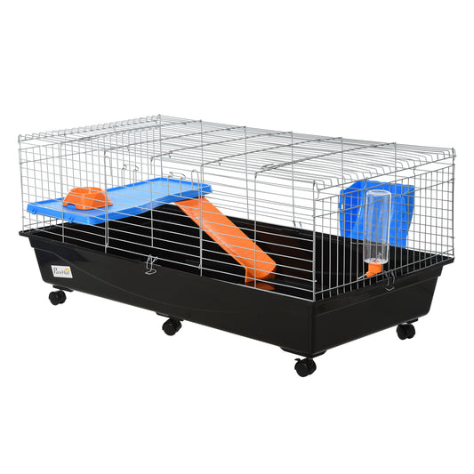 47" Small Animal Cage, Rolling Bunny Cage, Guinea Pig Cage with Food Dish, Water Bottle, Hay Feeder, Platform, Ramp for Chinchilla, Black