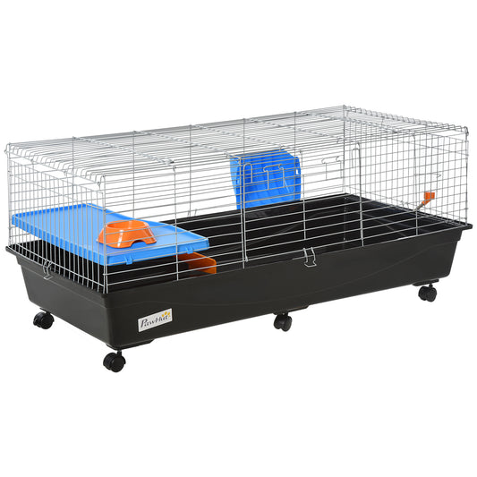 47" Small Animal Cage, Rolling Bunny Cage, Guinea Pig Cage with Food Dish, Water Bottle, Hay Feeder, Platform, Ramp for Chinchilla, Black