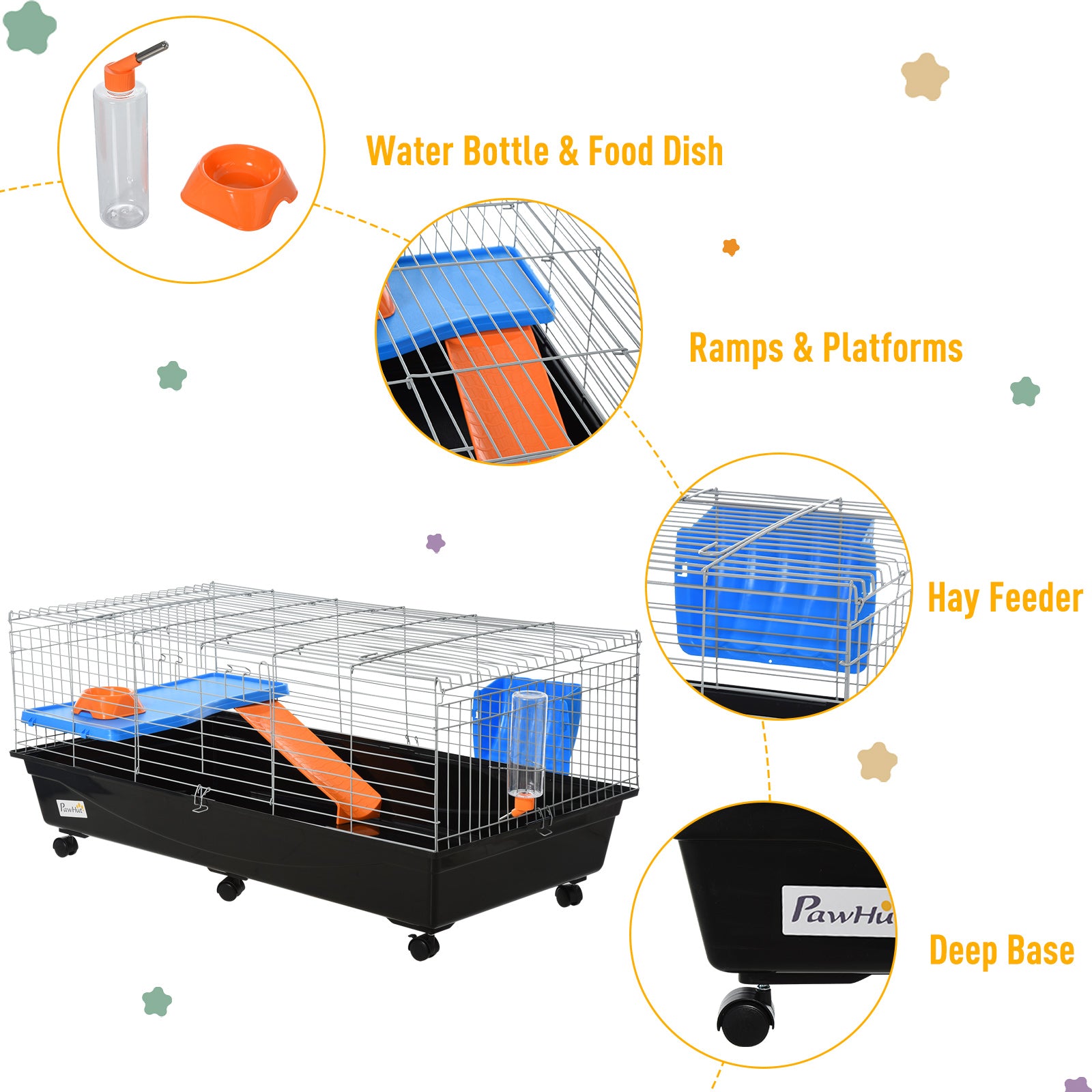 47" Small Animal Cage, Rolling Bunny Cage, Guinea Pig Cage with Food Dish, Water Bottle, Hay Feeder, Platform, Ramp for Chinchilla, Black