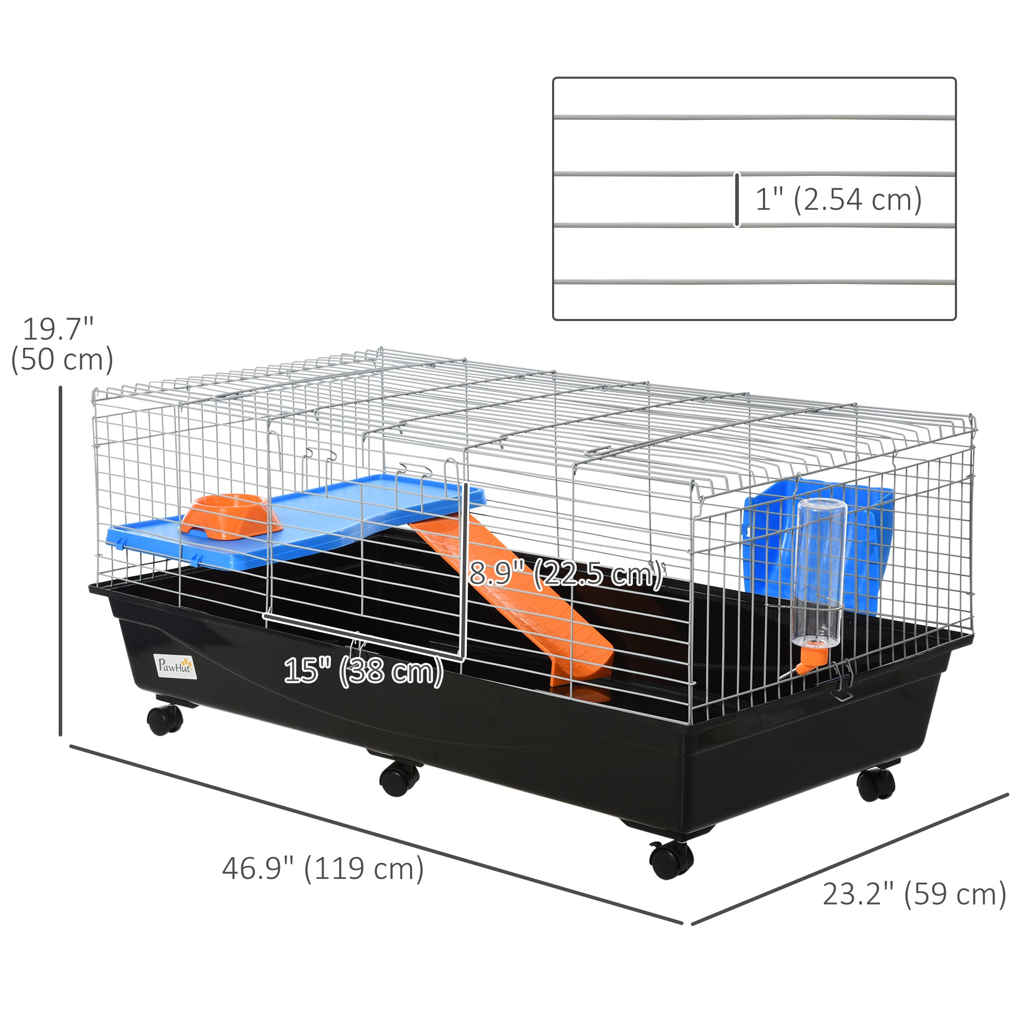 47" Small Animal Cage, Rolling Bunny Cage, Guinea Pig Cage with Food Dish, Water Bottle, Hay Feeder, Platform, Ramp for Chinchilla, Black
