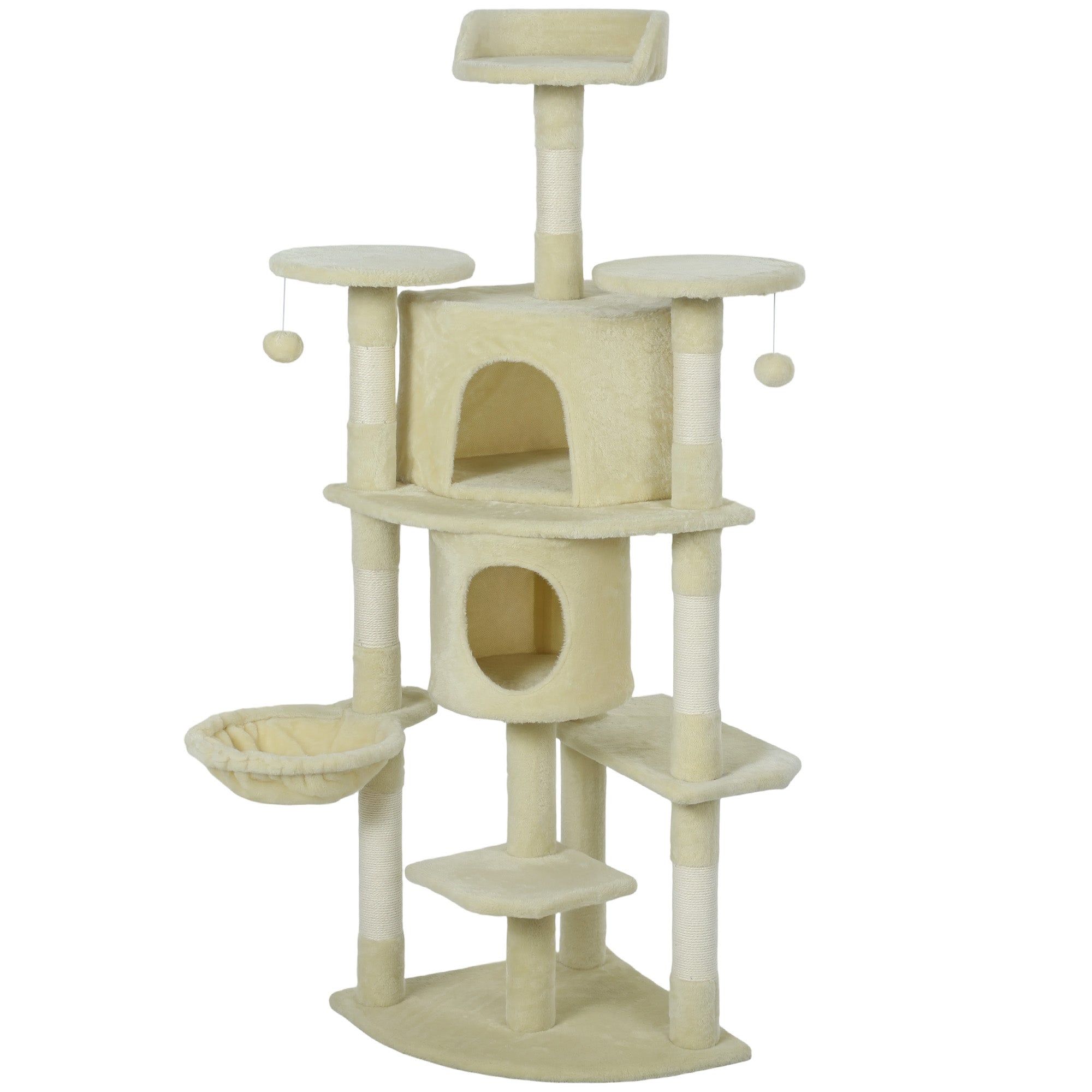 Cat Tree, 62" Multi-Level Cat Tower with Scratching Posts, 2 Condos, Hammock, Perches, Plush, Pompoms, for Indoor Kittens Playing, Resting, Sleeping, Beige