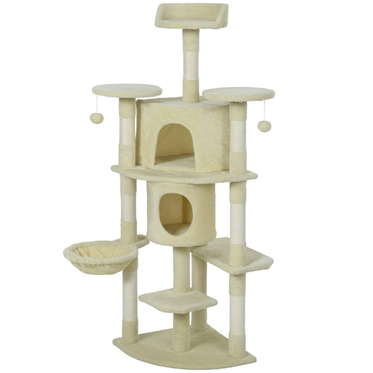 Cat Tree, 62" Multi-Level Cat Tower with Scratching Posts, 2 Condos, Hammock, Perches, Plush, Pompoms, for Indoor Kittens Playing, Resting, Sleeping, Beige