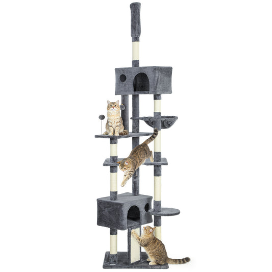 Floor to Ceiling Cat Tree, 230-250cm Adjustable Tall Cat Climbing Tower with 2 Condos, Hammock and Sisal Scratching Posts, for Indoor, Multi-Level Activity Centre, Dark Grey