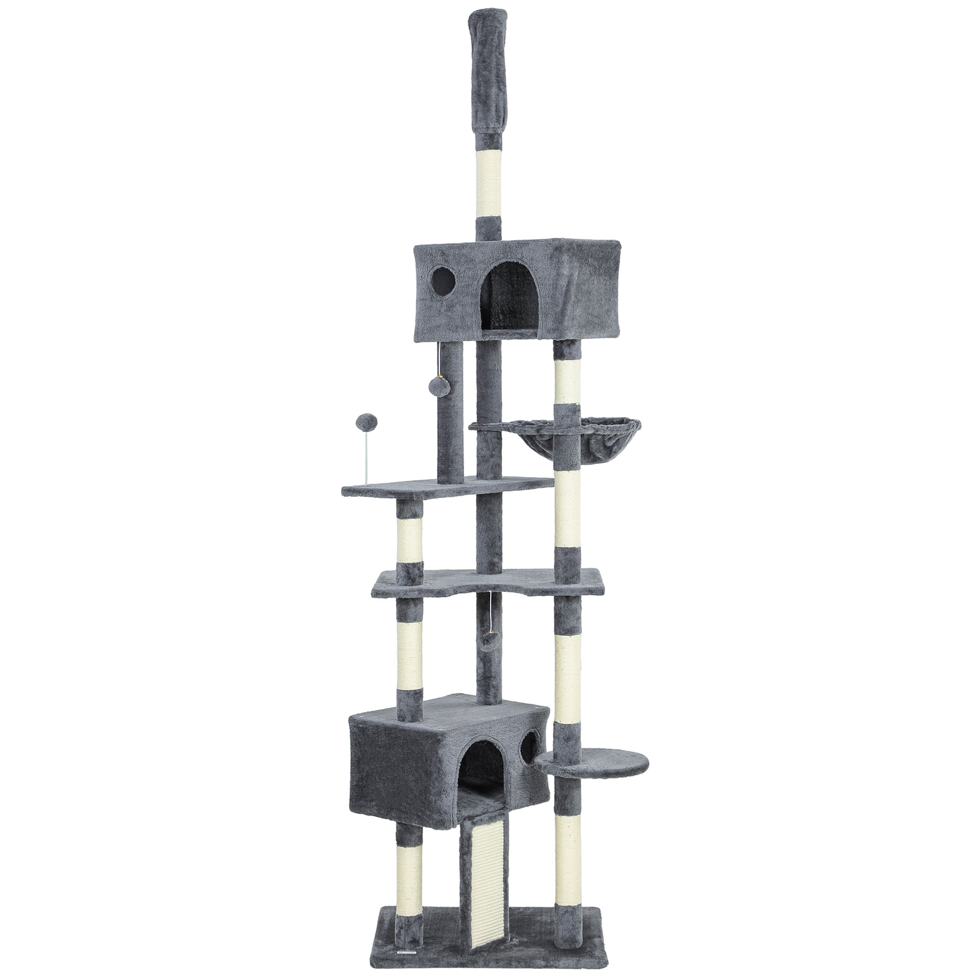 Floor to Ceiling Cat Tree, 230-250cm Adjustable Tall Cat Climbing Tower with 2 Condos, Hammock and Sisal Scratching Posts, for Indoor, Multi-Level Activity Centre, Dark Grey