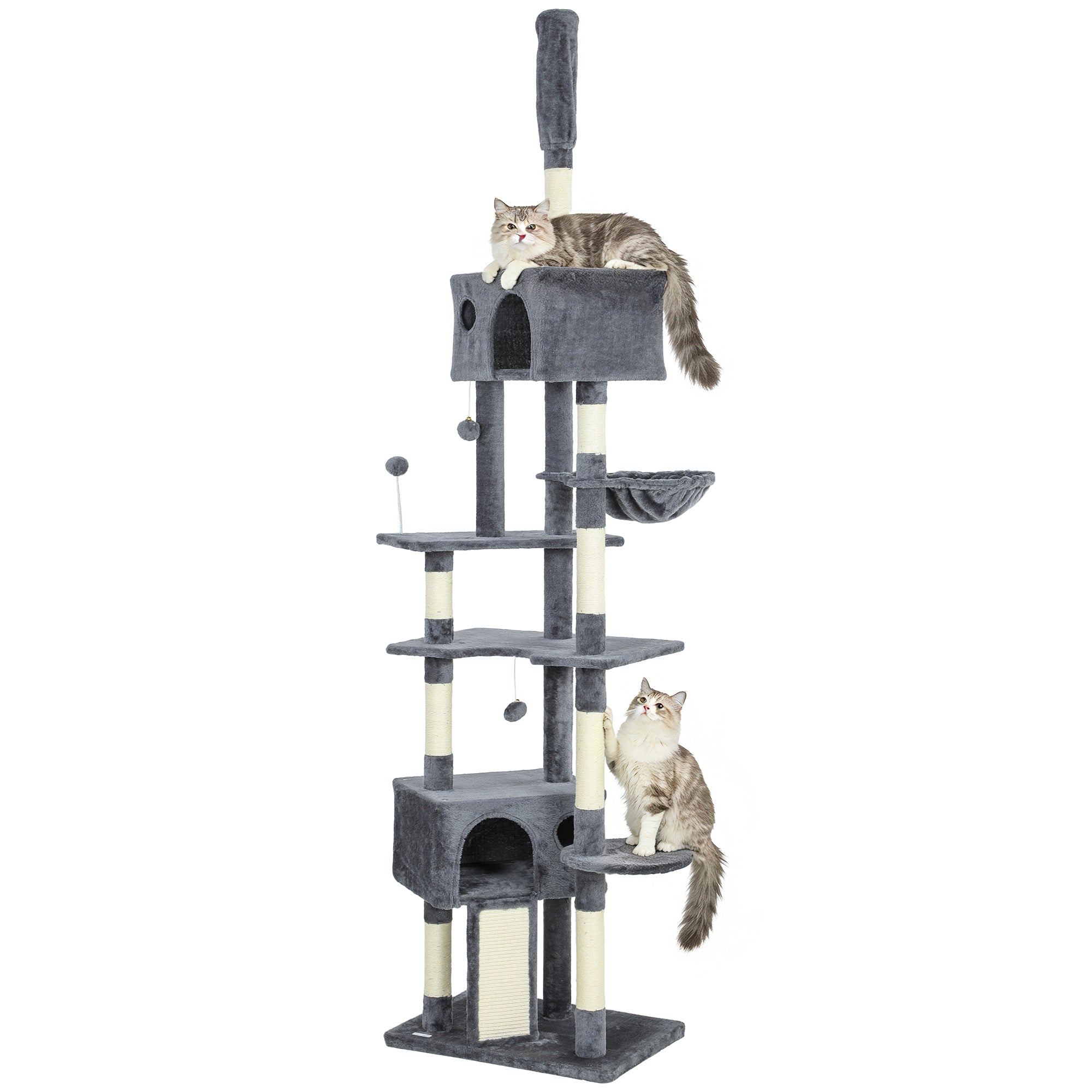 Floor to Ceiling Cat Tree, 230-250cm Adjustable Tall Cat Climbing Tower with 2 Condos, Hammock and Sisal Scratching Posts, for Indoor, Multi-Level Activity Centre, Dark Grey
