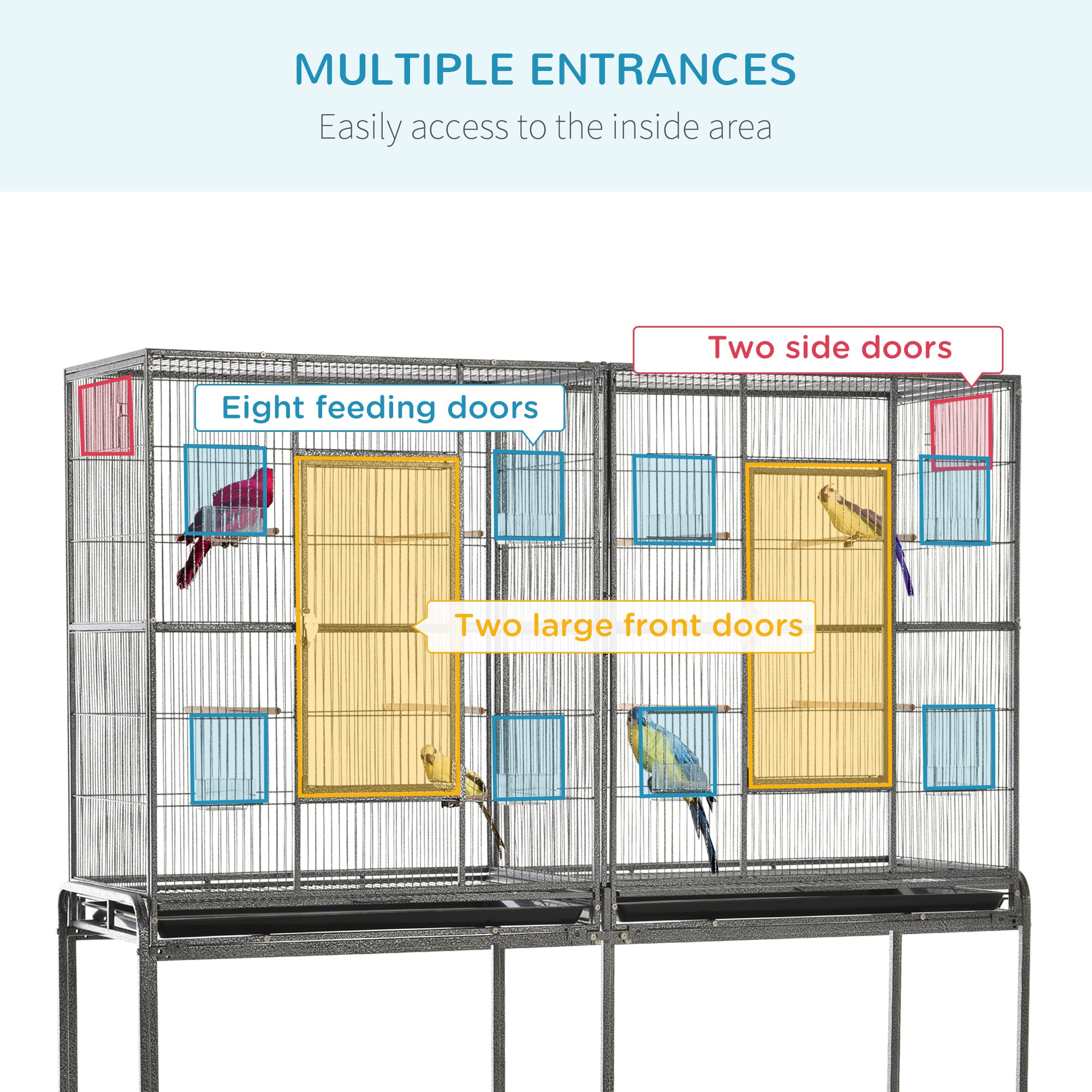 65" Double Rolling Metal Bird Cage with Divider, Large Parrot Cage for Parakeet, Canaries, Lovebirds, Budgie, Finch, with Detachable Rolling Stand, Storage Shelf, Wood Perch & Food Container