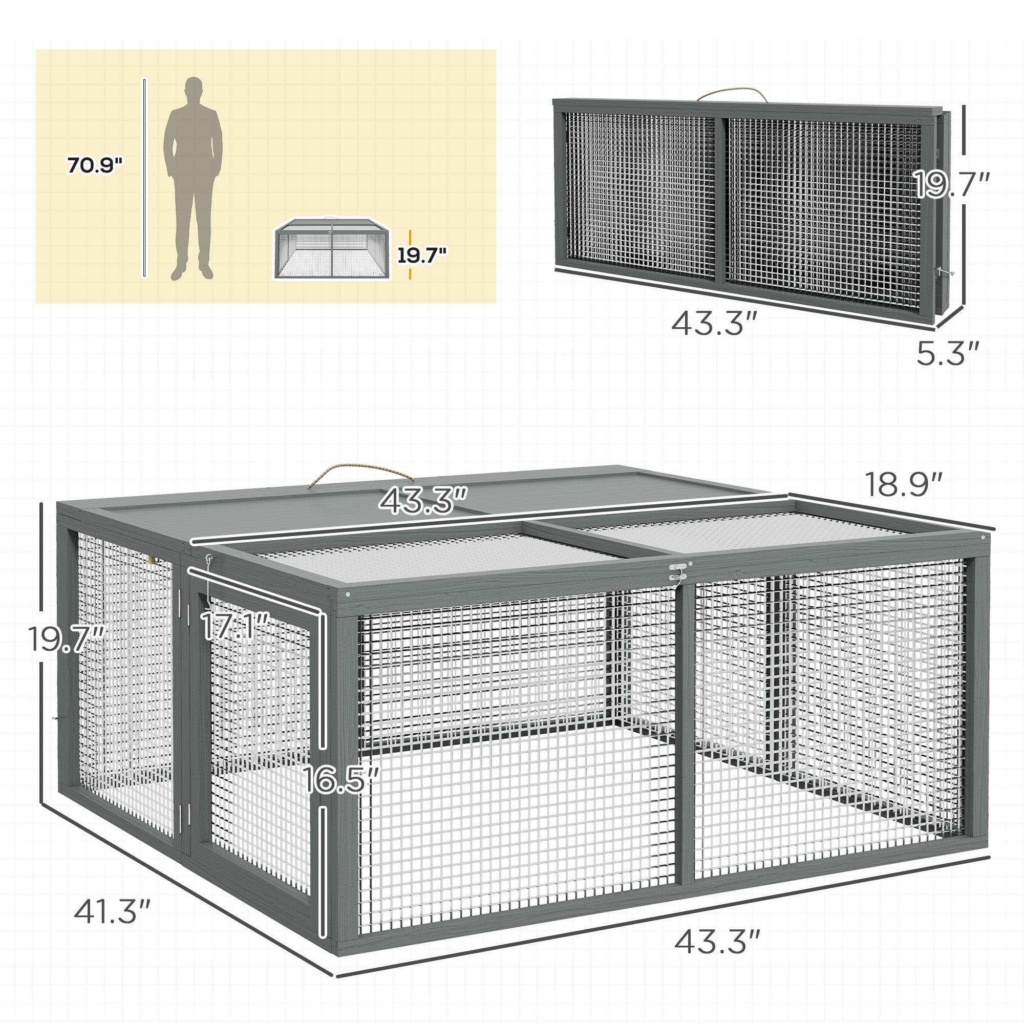 Rabbit Hutch, Folding Portable Wooden Bunny Cage with Openable Top, for 2-3 Rabbits, Small Animals, Guinea Pig Cage Small Chicken Coop for Outdoor, Garden - Gray