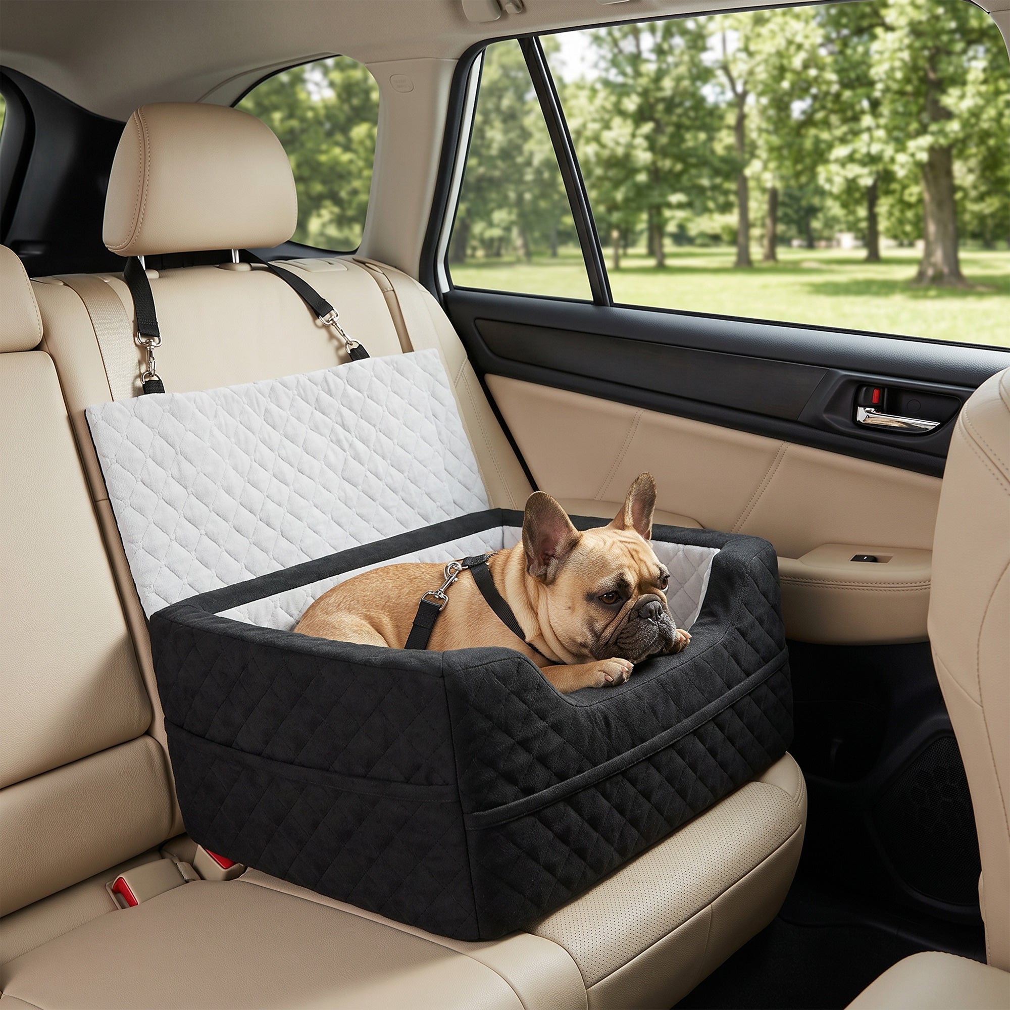 Dog Car Seat, Dog Booster Car Seat for Small Breeds Under 10kg, Portable Pet Travel Bed Detachable Washable with Adjustable Safety Leash, Storage Pockets, Grey
