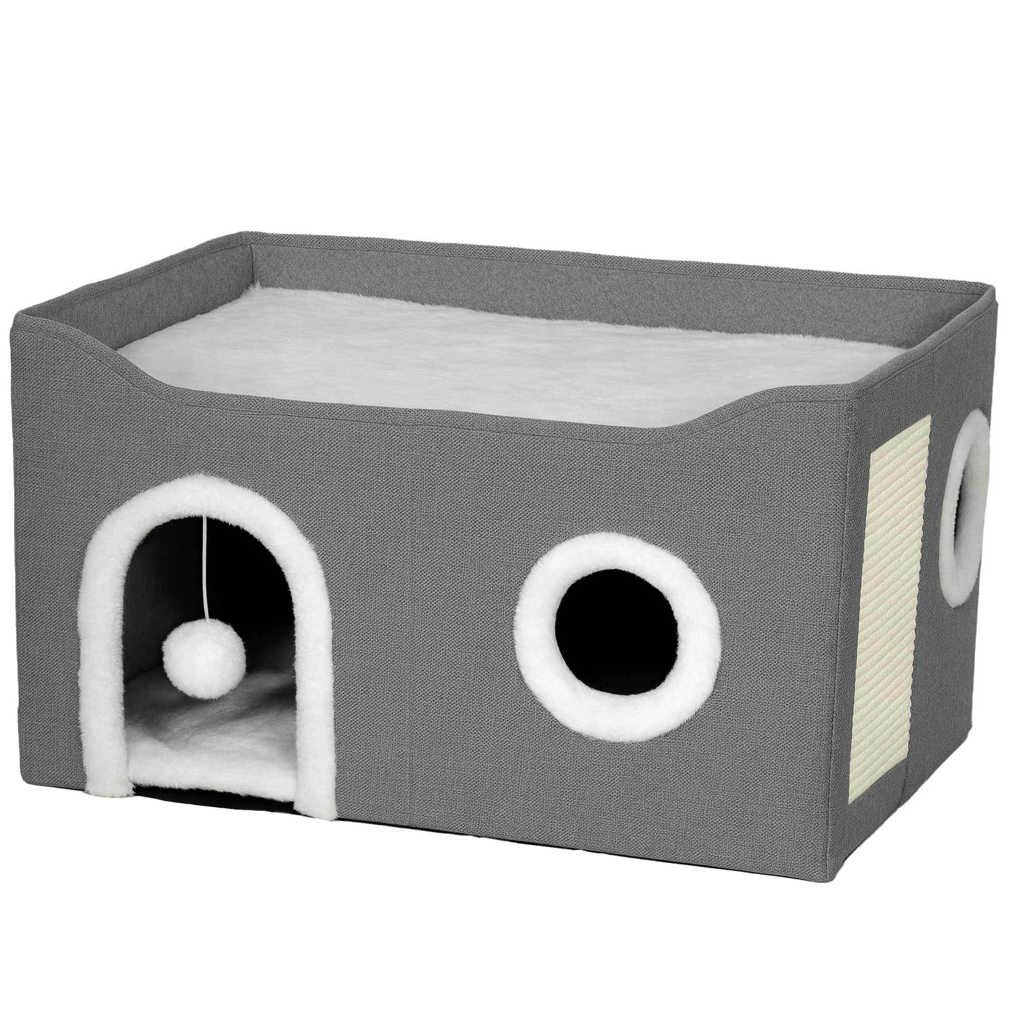 Cat House, Cat Bed for Indoor Pets, Foldable Kitten Cave with Fluffy Ball, Scratch Pad, Kitty Hideaway with Soft Cushions for Small, Medium Cats, Grey