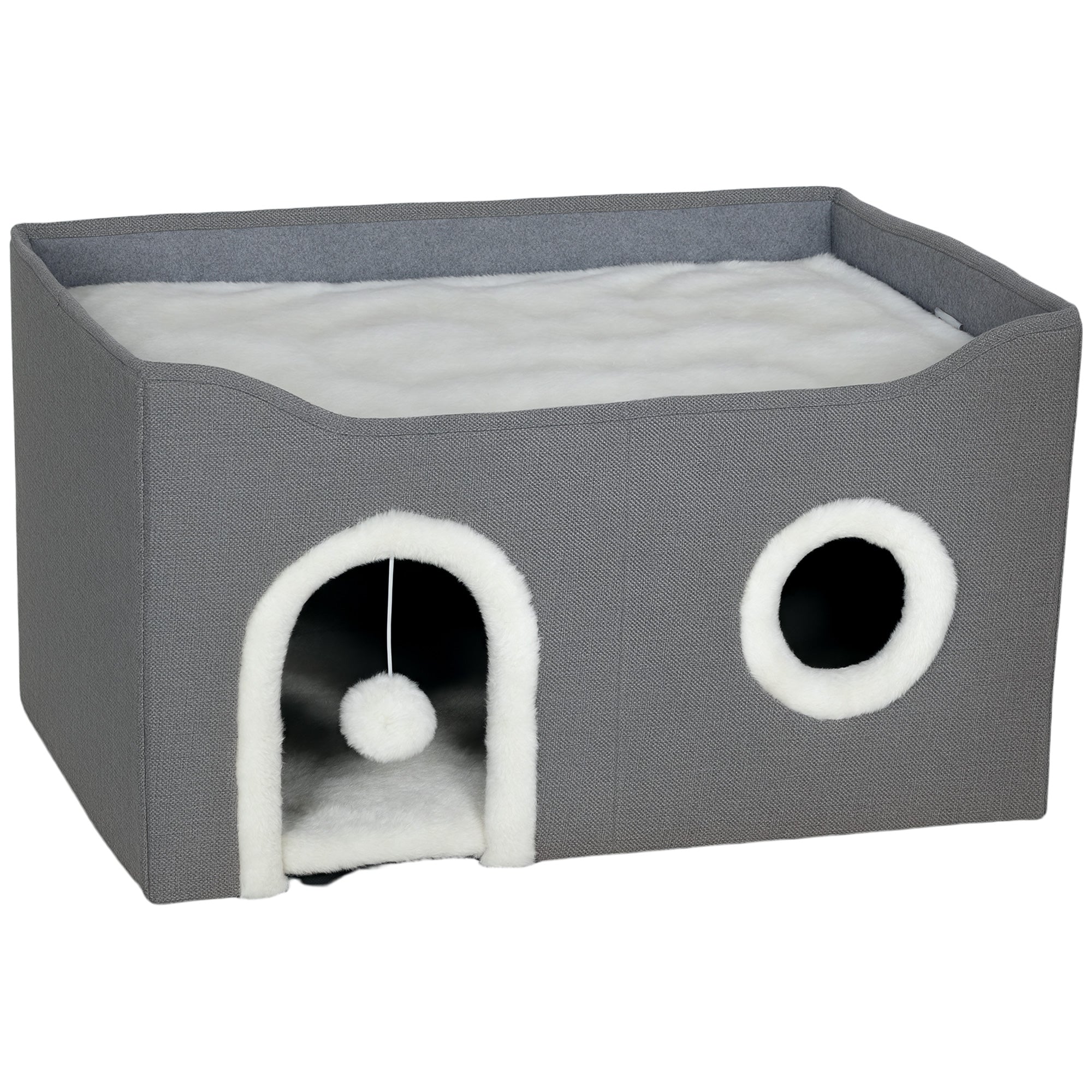 Cat House, Cat Bed for Indoor Pets, Foldable Kitten Cave with Fluffy Ball, Scratch Pad, Kitty Hideaway with Soft Cushions for Small, Medium Cats, Grey