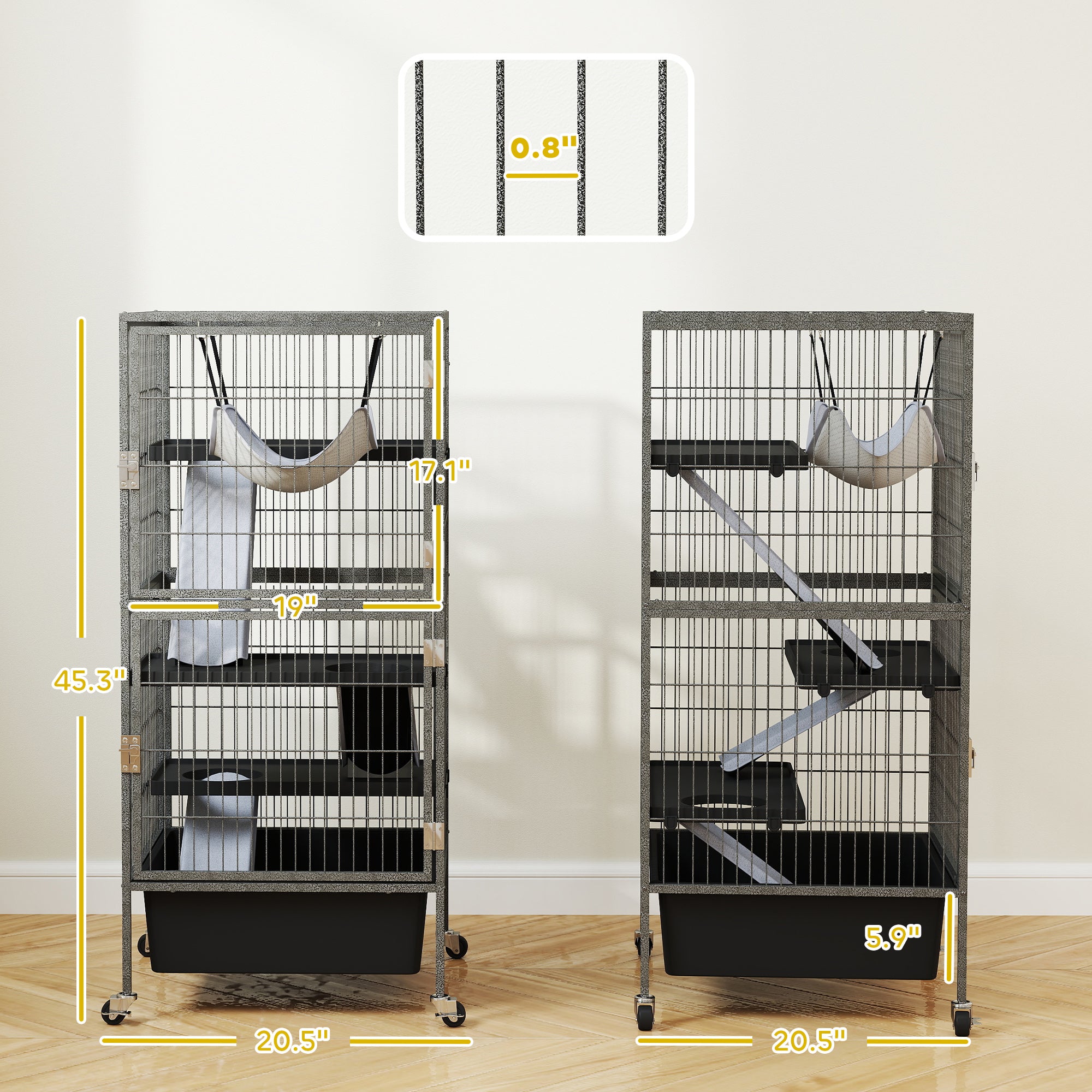 45 Inch Small Animal Cage, 4-Tier Rolling Ferret Chinchilla Rabbit Cage with 6 Inch Deep Slide-Out Tray, Platforms, Hammock, for Bunnies, Ferrets, Chinchillas, Squirrels, Gray