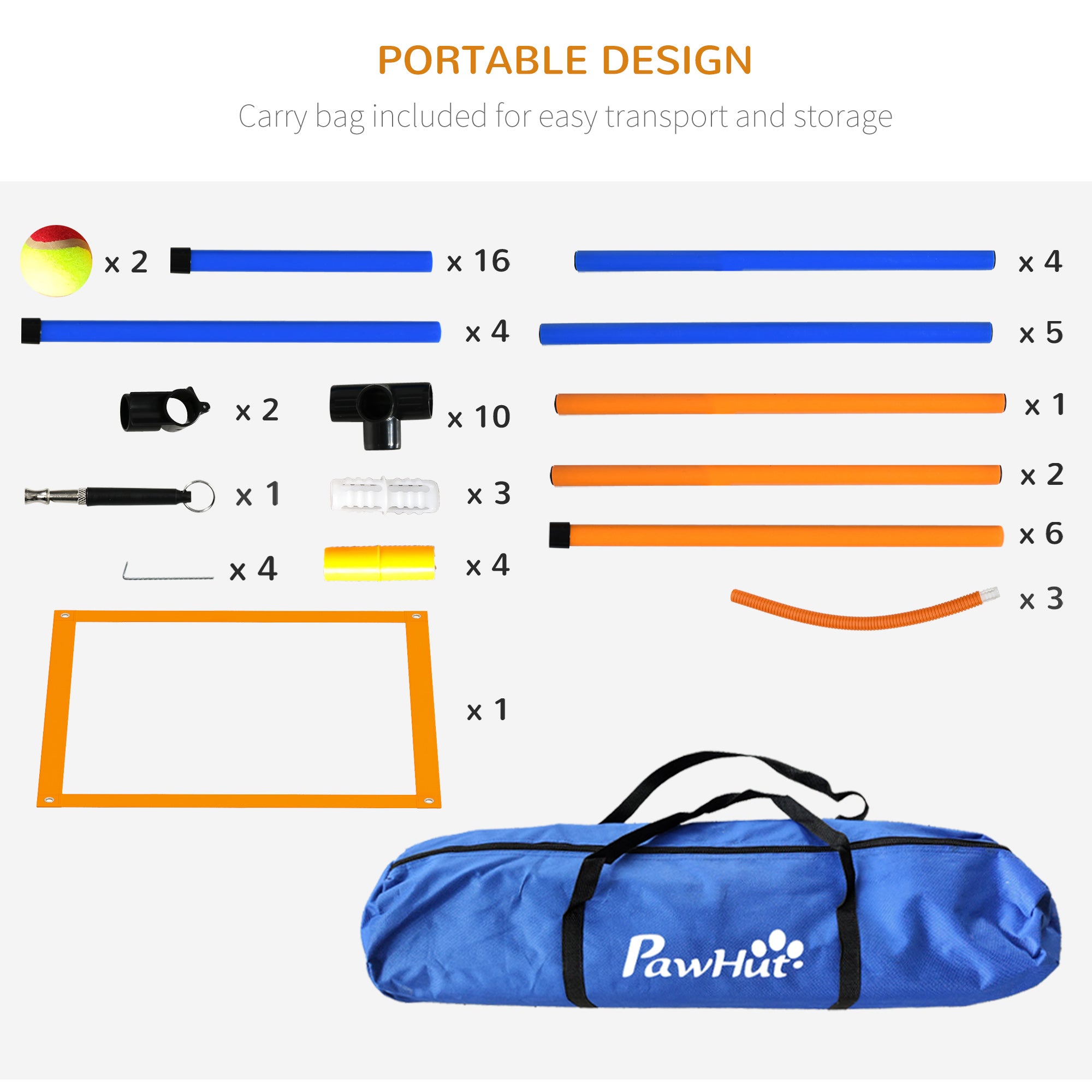 4 Pieces Dog Agility Training Equipment Dog Obstacle Course, Pet Outdoor Games with Weave Poles, Adjustable Hurdle, Jump Ring, Pause Box, Whistle, Balls, Carry Bag, Orange