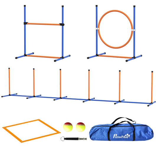 4 Pieces Dog Agility Training Equipment Dog Obstacle Course, Pet Outdoor Games with Weave Poles, Adjustable Hurdle, Jump Ring, Pause Box, Whistle, Balls, Carry Bag, Orange