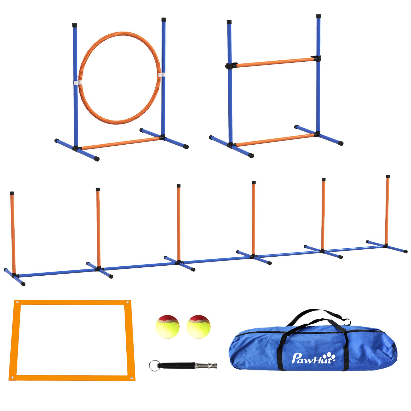 4 Pieces Dog Agility Training Equipment Dog Obstacle Course, Pet Outdoor Games with Weave Poles, Adjustable Hurdle, Jump Ring, Pause Box, Whistle, Balls, Carry Bag, Orange