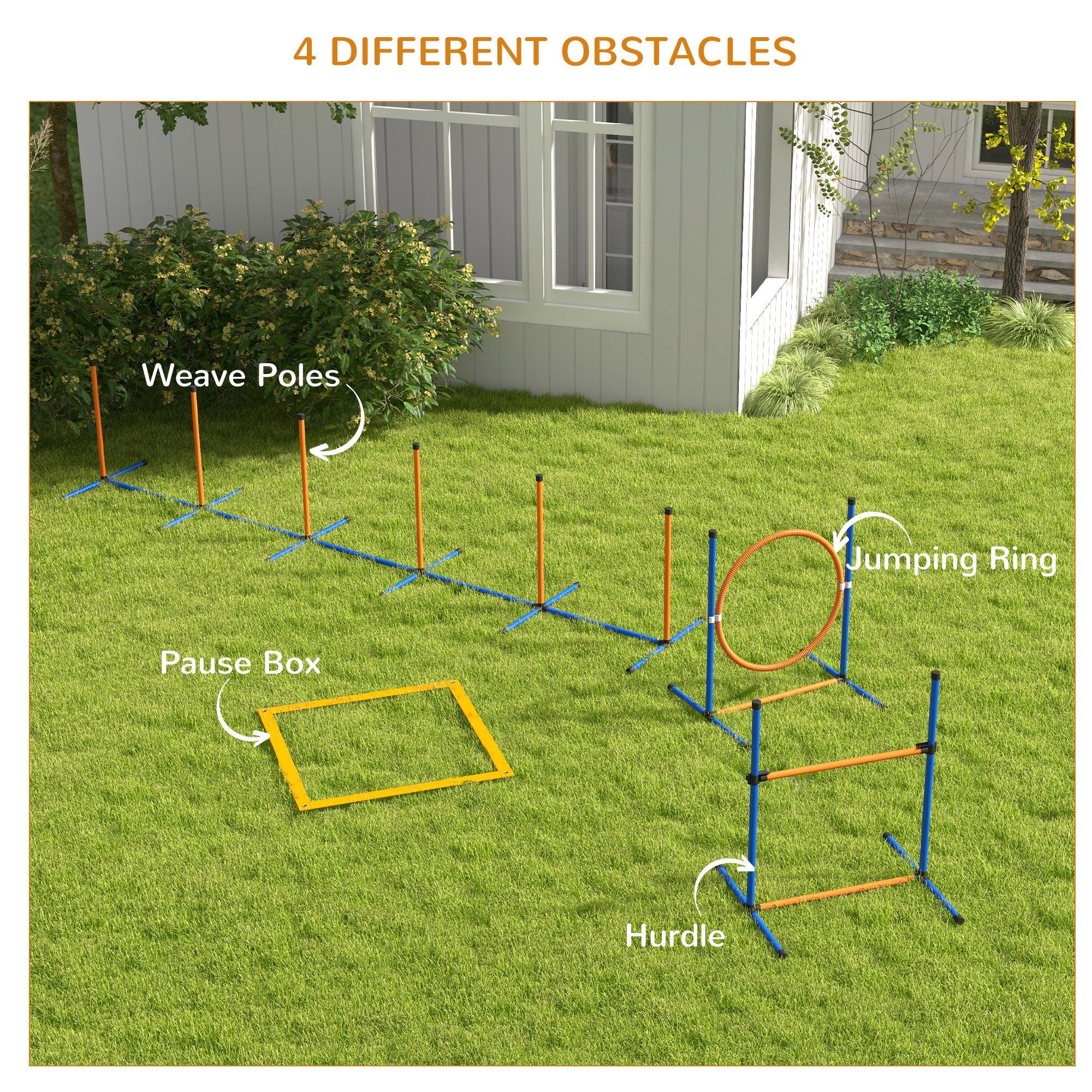 4 Pieces Dog Agility Training Equipment Dog Obstacle Course, Pet Outdoor Games with Weave Poles, Adjustable Hurdle, Jump Ring, Pause Box, Whistle, Balls, Carry Bag, Orange